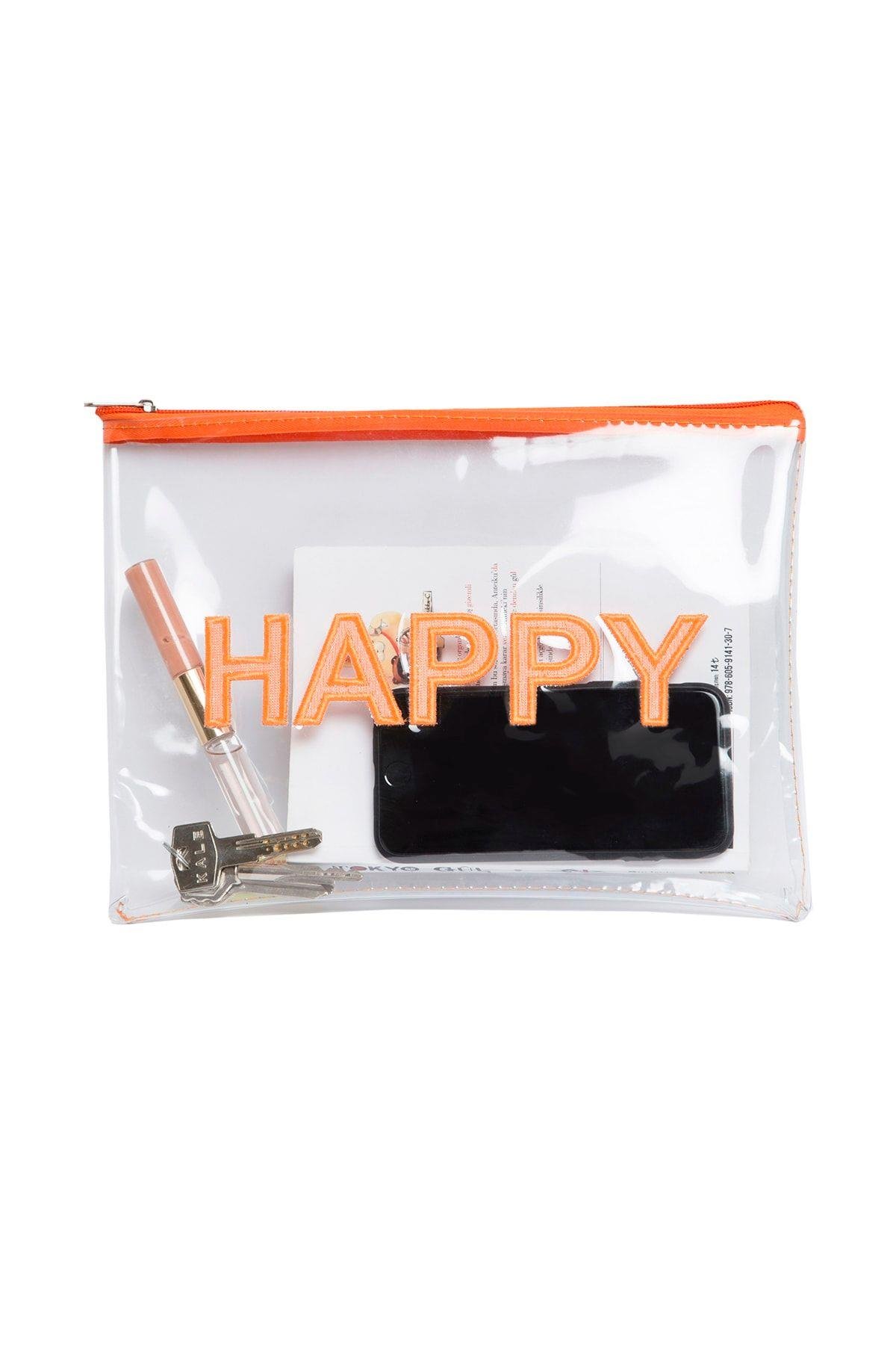Turuncu Happy Nakışlı Şeffaf Makyaj Ve Organizer Plaj El Çantası