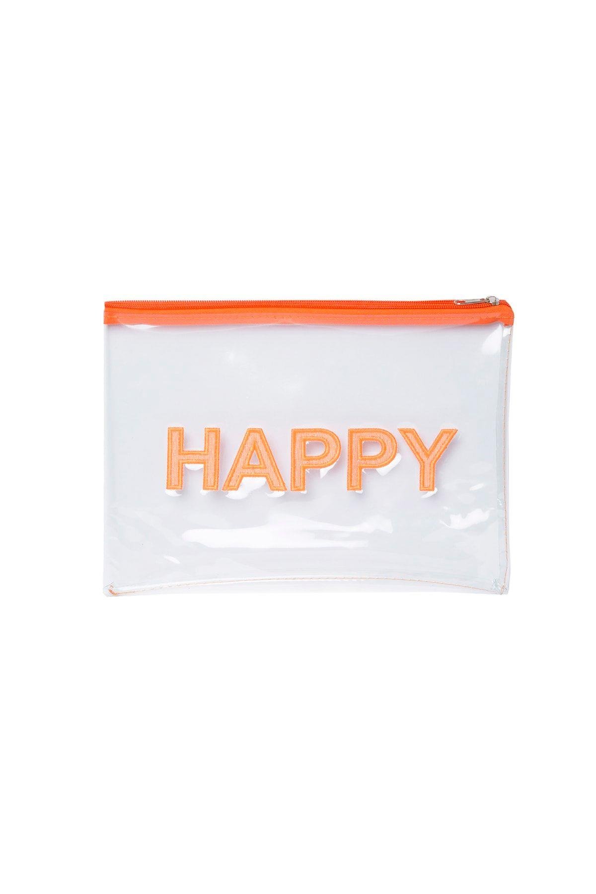 Turuncu Happy Nakışlı Şeffaf Makyaj Ve Organizer Plaj El Çantası