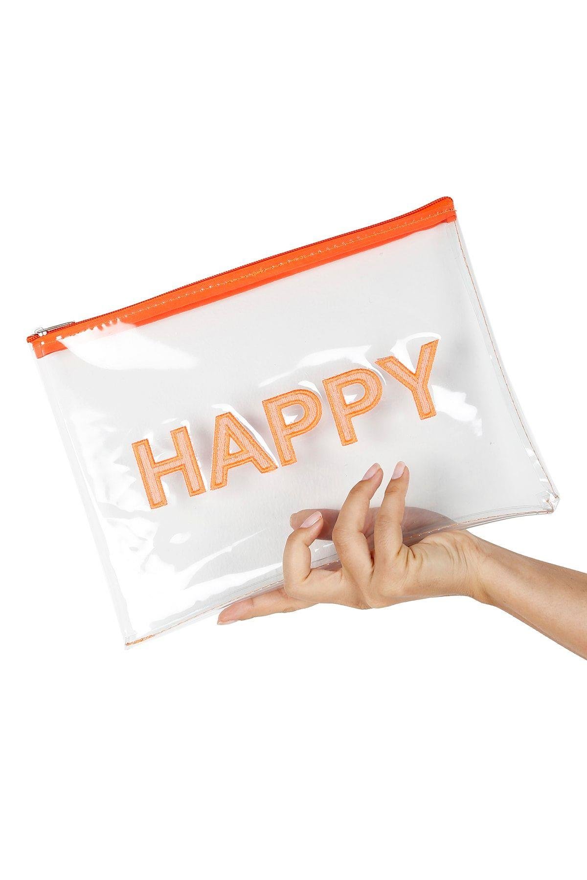 Turuncu Happy Nakışlı Şeffaf Makyaj Ve Organizer Plaj El Çantası