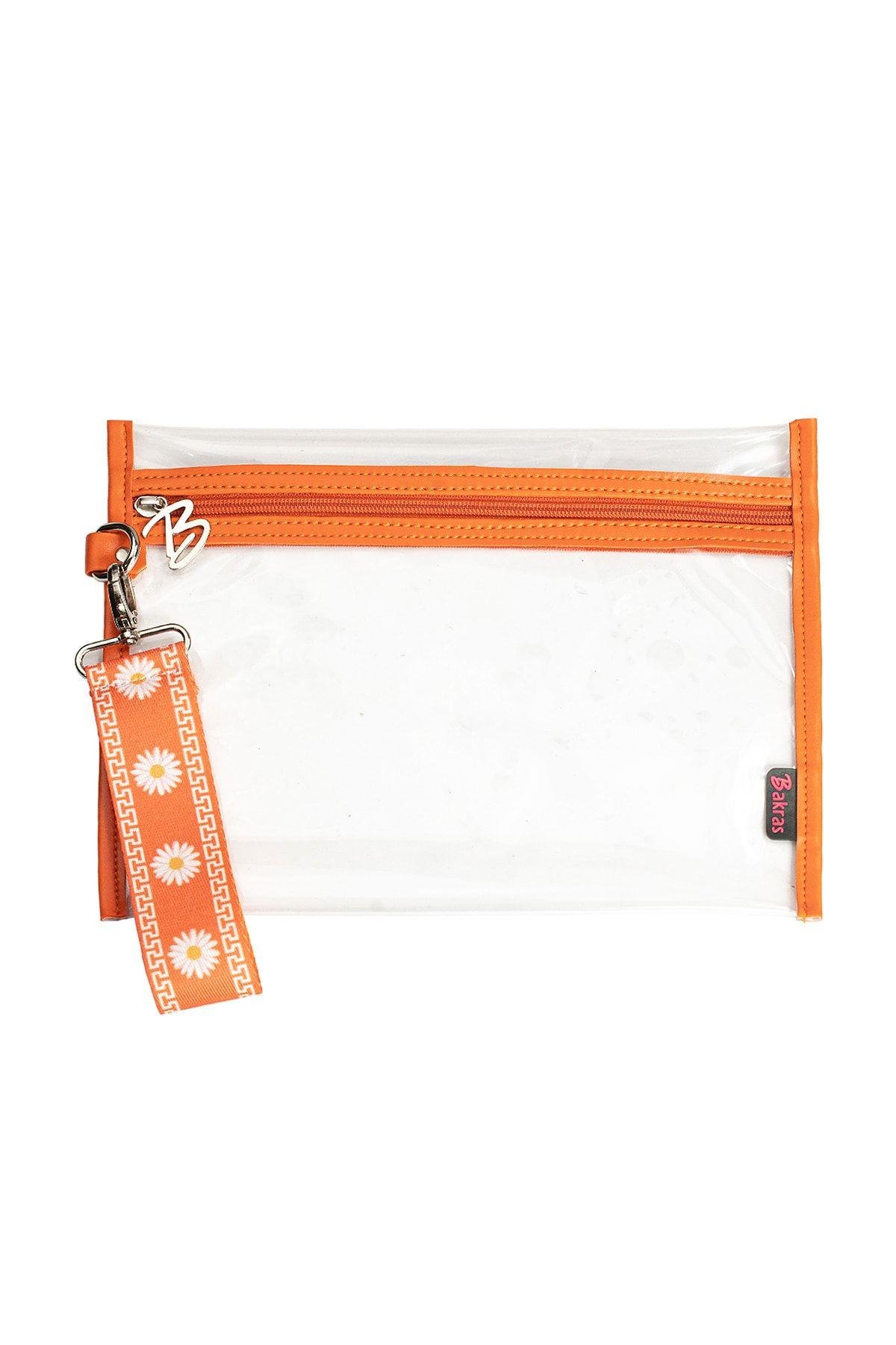 Turuncu Papatya Desenli Su Geçirmez Mayo Çantası Organizer Şeffaf Makyaj Çantası 27x21 Cm