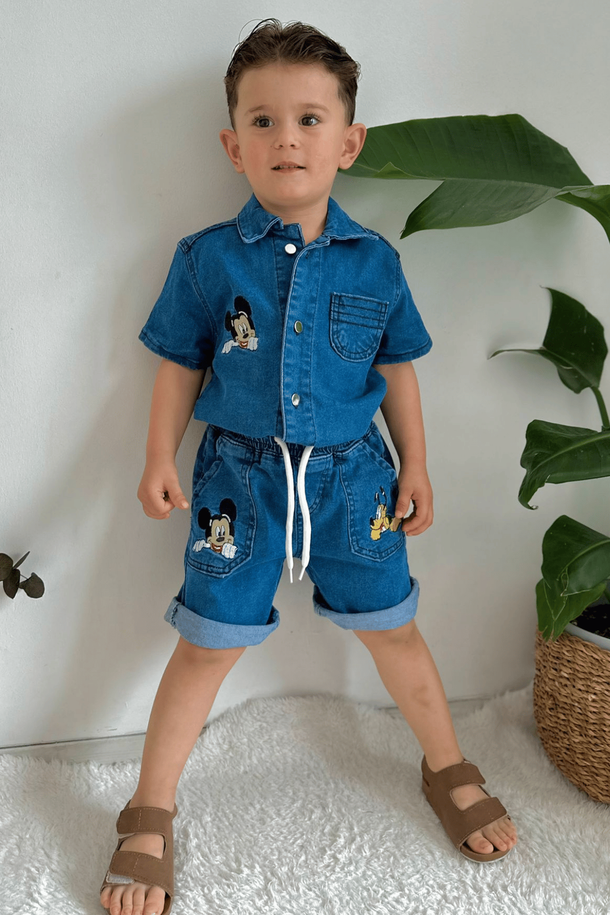 Mickey Goofy Denim Şortlu Takım