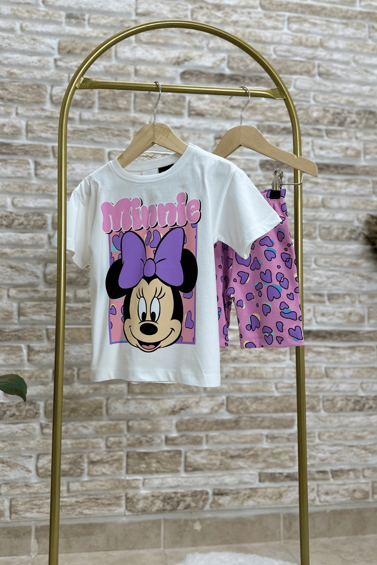 Minnie Kalpli Lila Fitilli Biker Tayt Takım