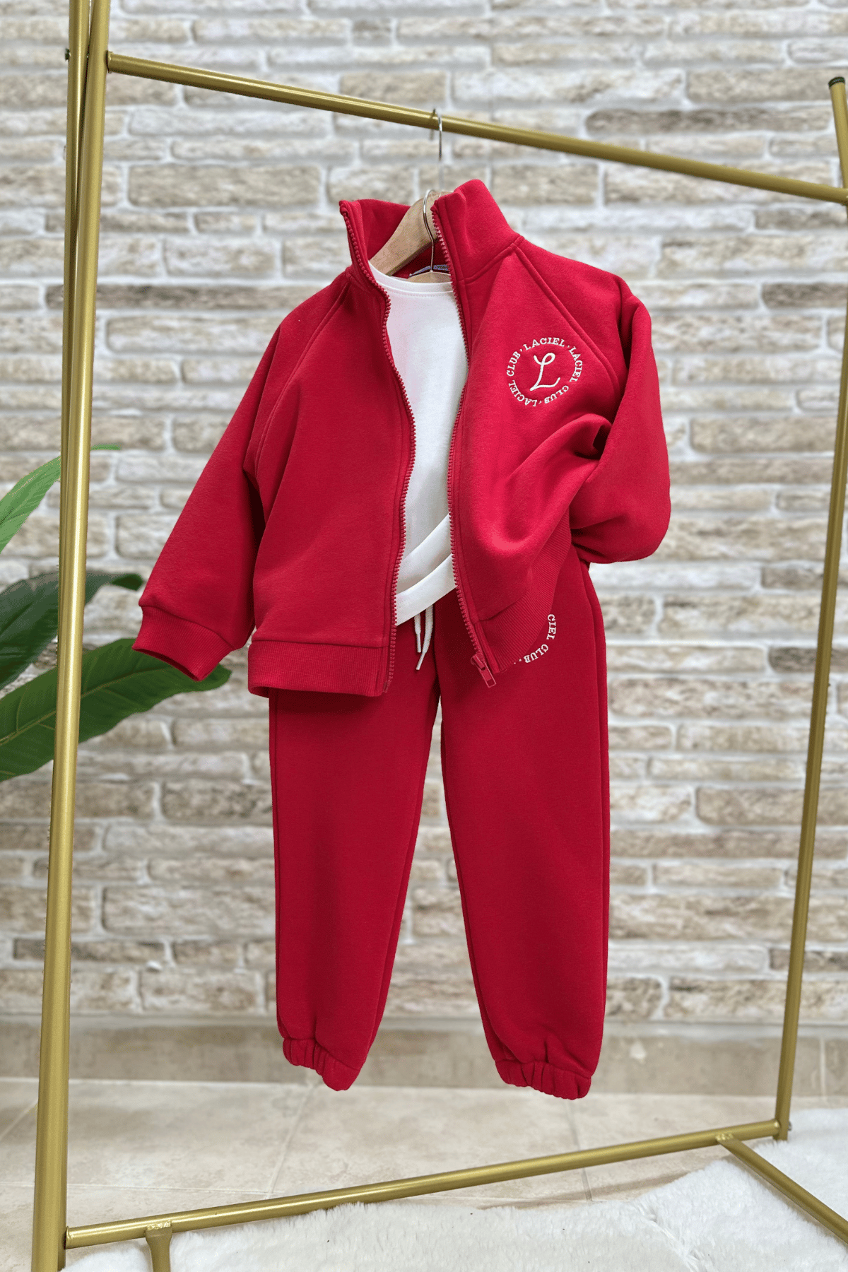 Unisex Laciel Fermuarlı İnce Şardonlu Kırmızı Takım
