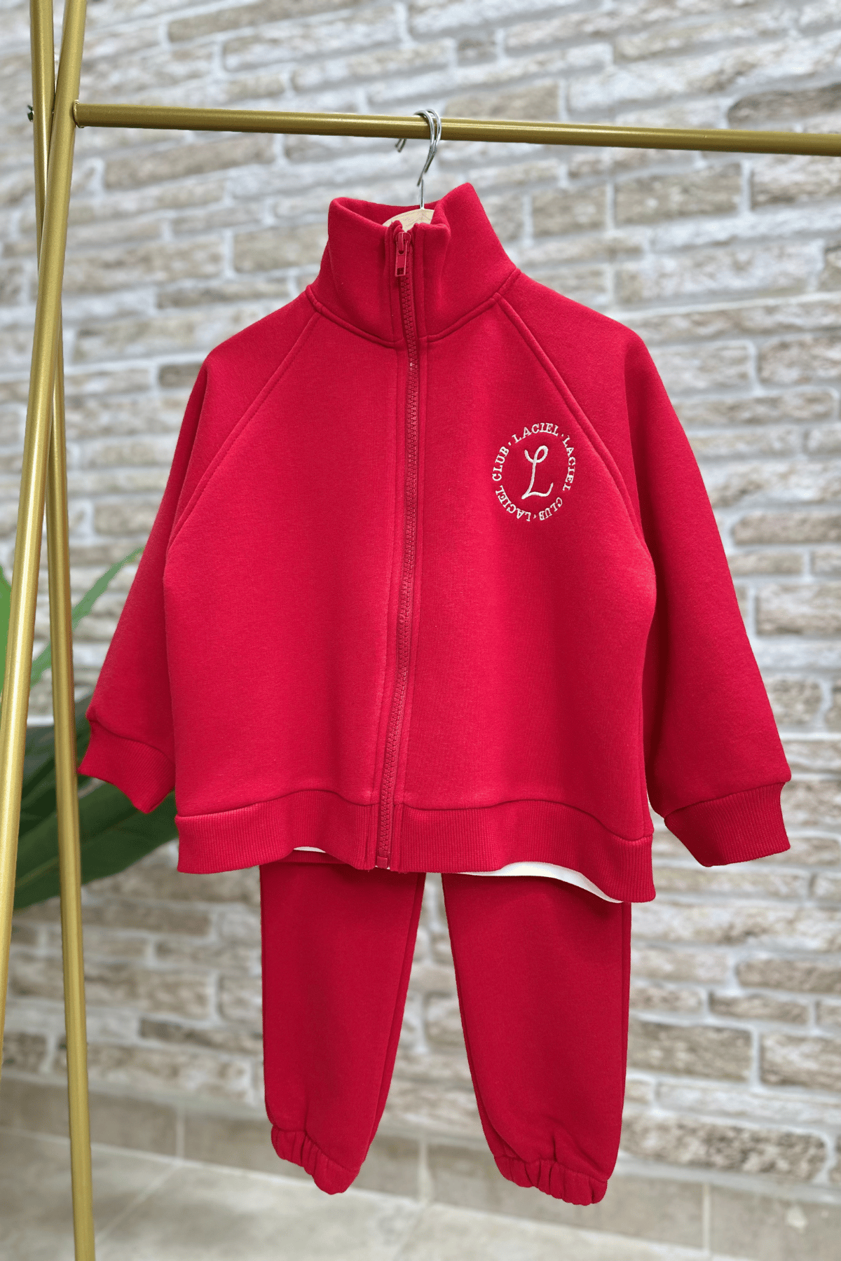 Unisex Laciel Fermuarlı İnce Şardonlu Kırmızı Takım