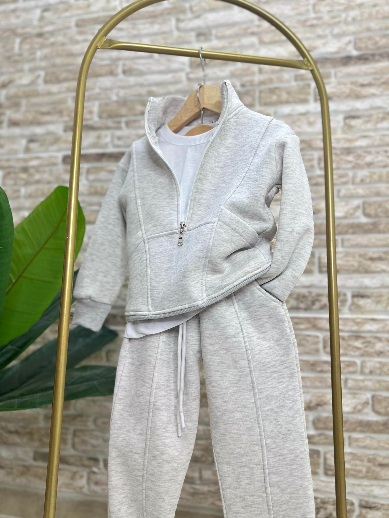 Unisex Şardonlu Fermuarlı Dik Yaka Gri Takım