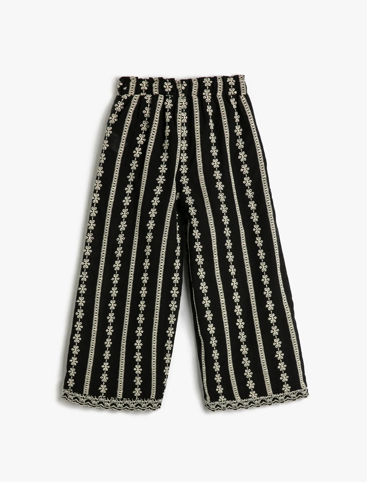 Kız Çocuk Bol Paça Pantolon Çiçek İşlemeli Beli Lastikli