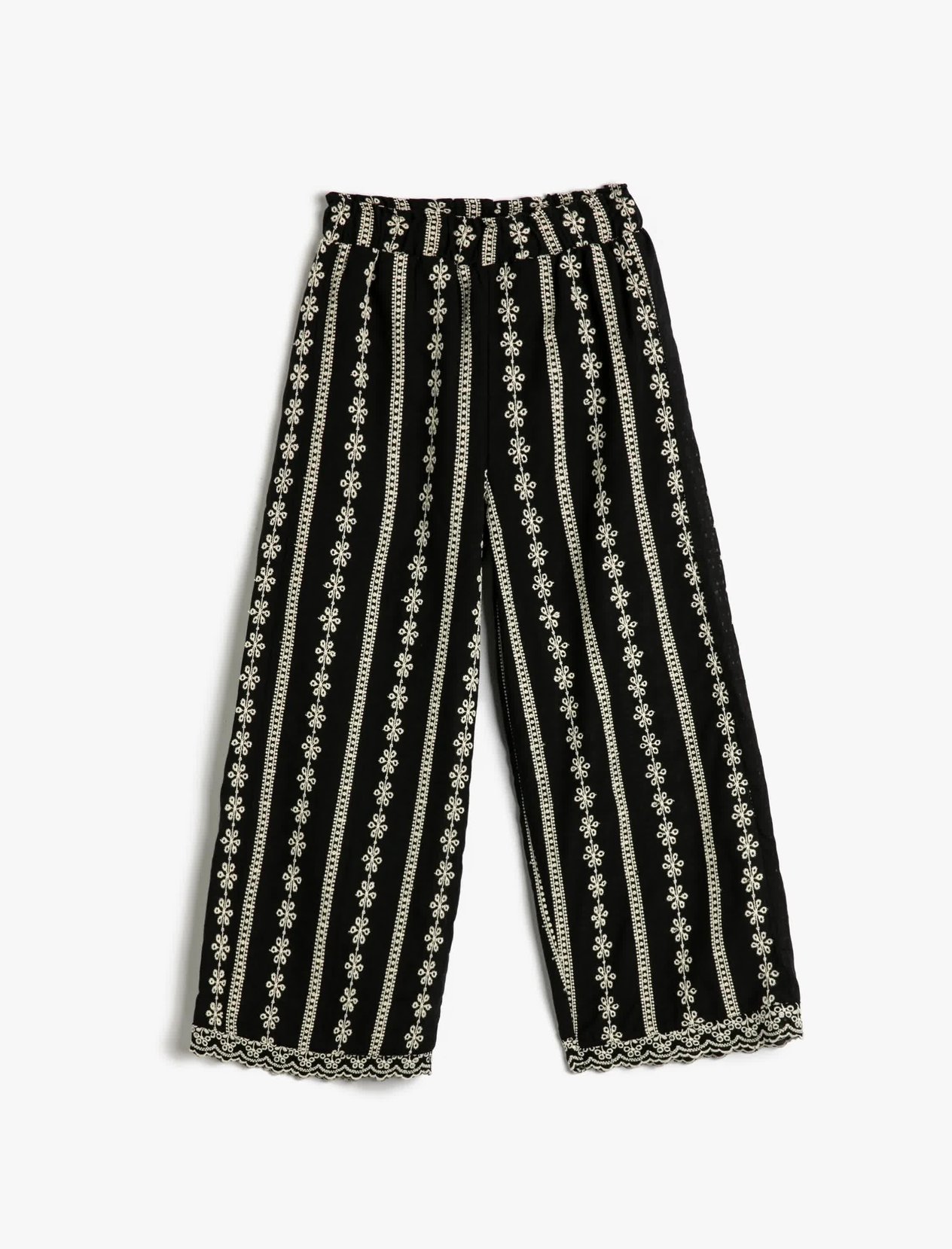 Kız Çocuk Bol Paça Pantolon Çiçek İşlemeli Beli Lastikli