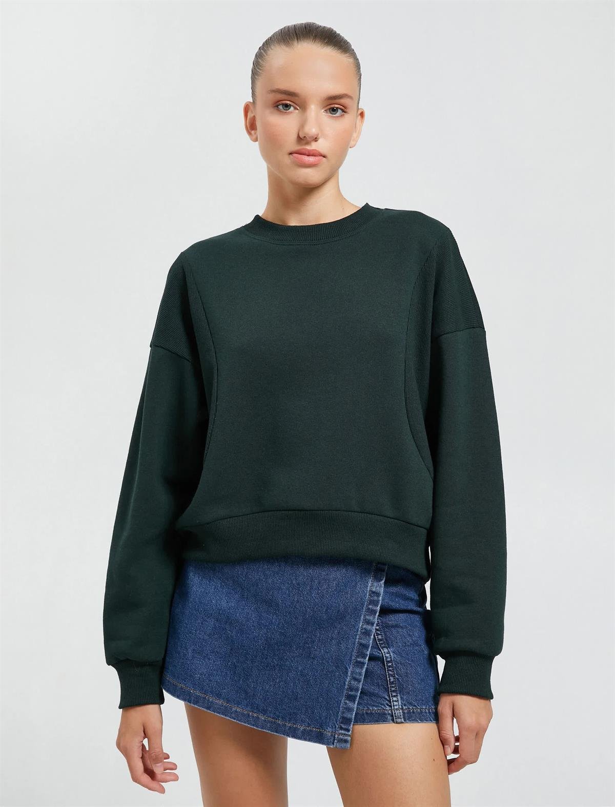 Yeşil Kadın Bisiklet Yaka Sweatshirt Reglan Kollu Ribanalı