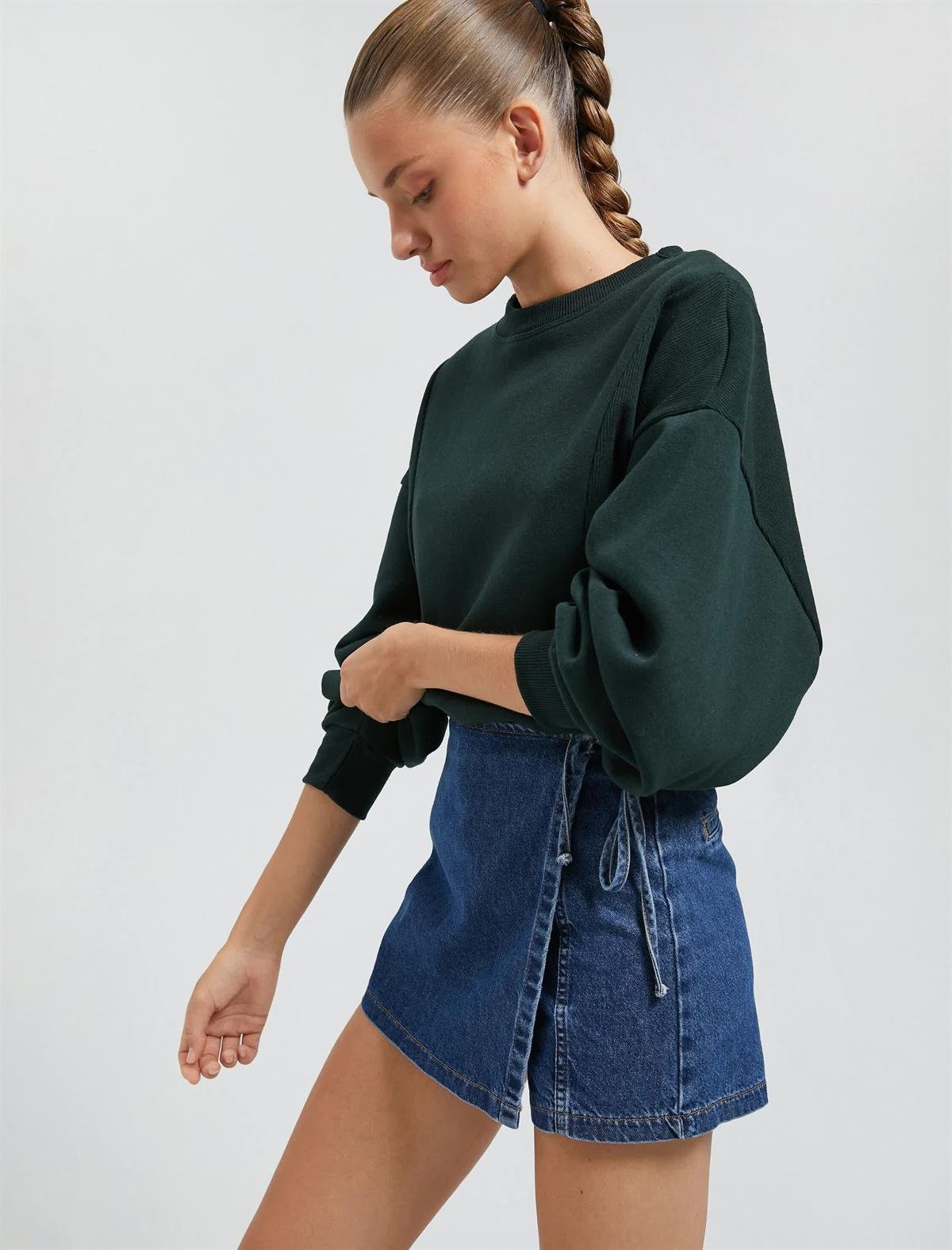 Yeşil Kadın Bisiklet Yaka Sweatshirt Reglan Kollu Ribanalı