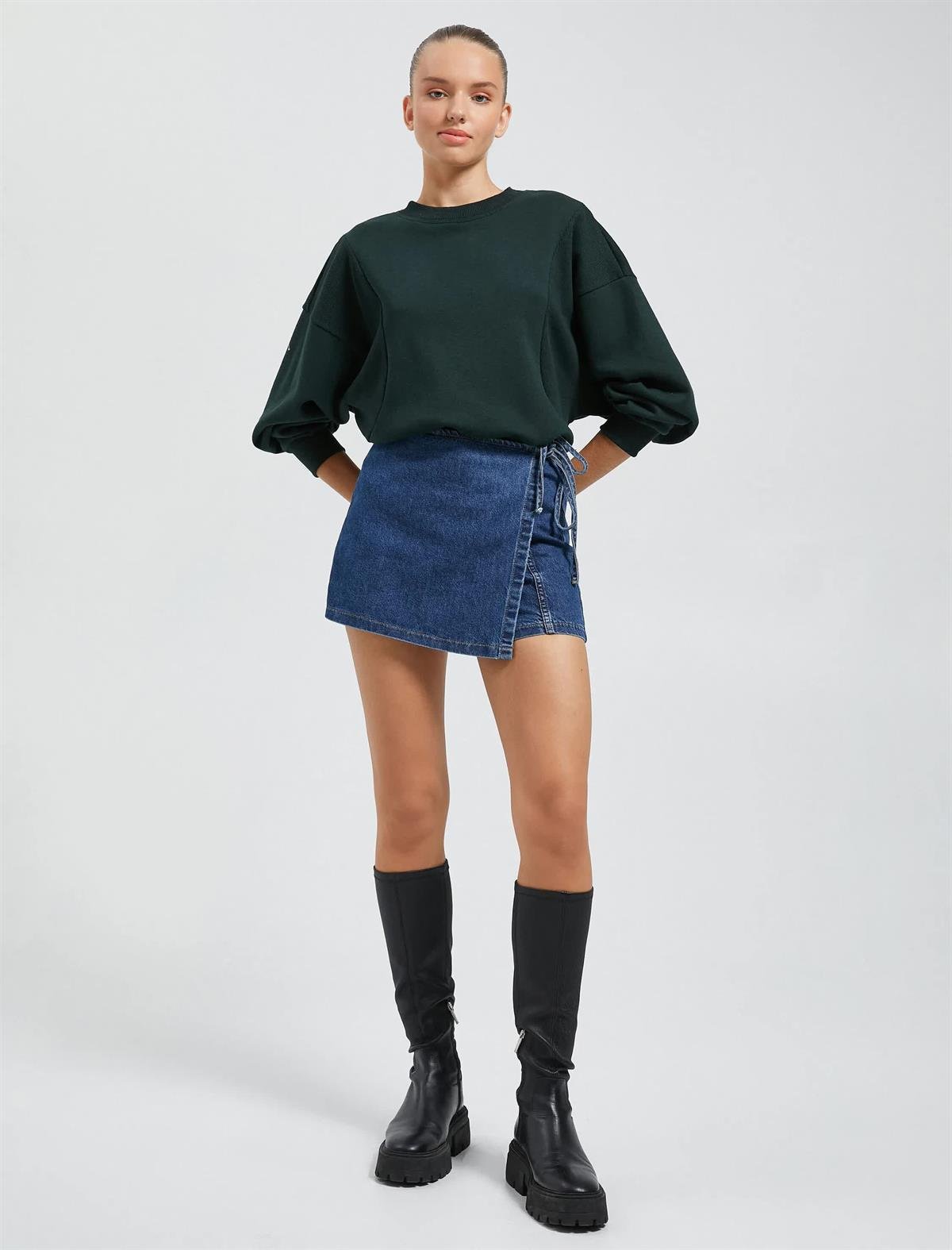 Yeşil Kadın Bisiklet Yaka Sweatshirt Reglan Kollu Ribanalı