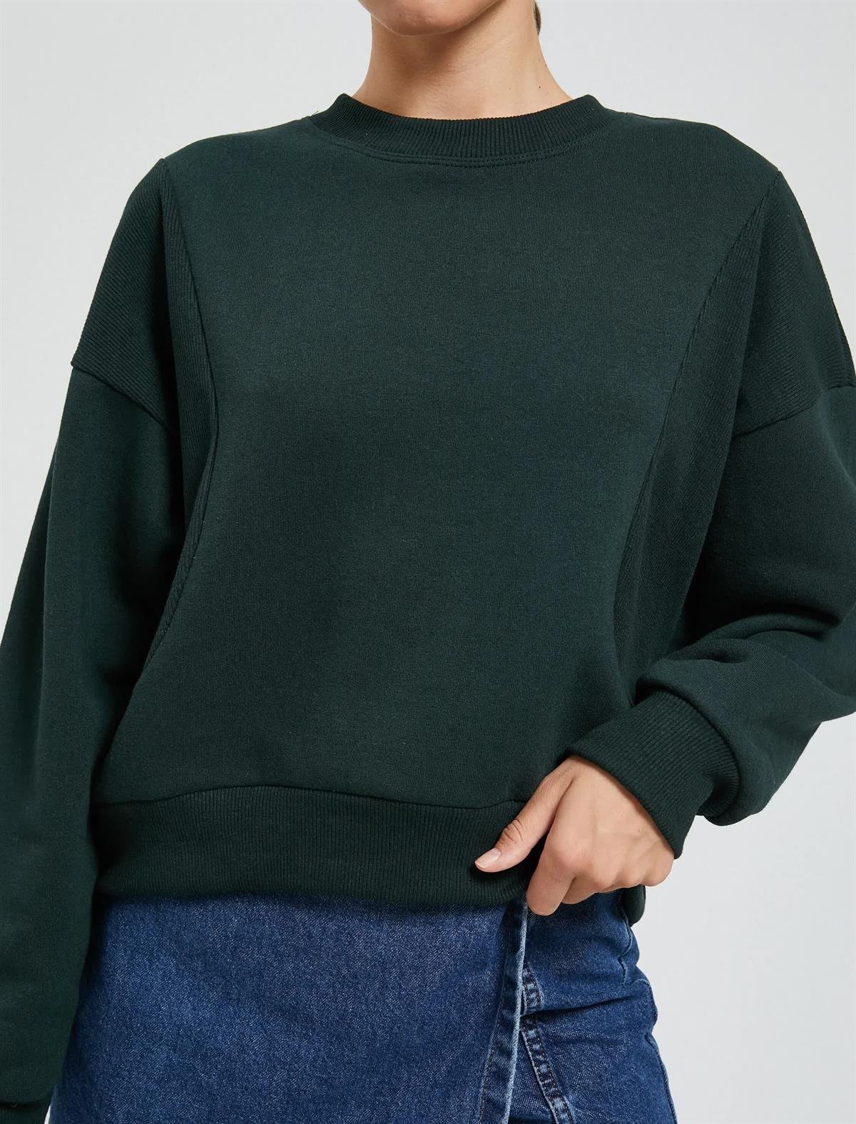 Yeşil Kadın Bisiklet Yaka Sweatshirt Reglan Kollu Ribanalı