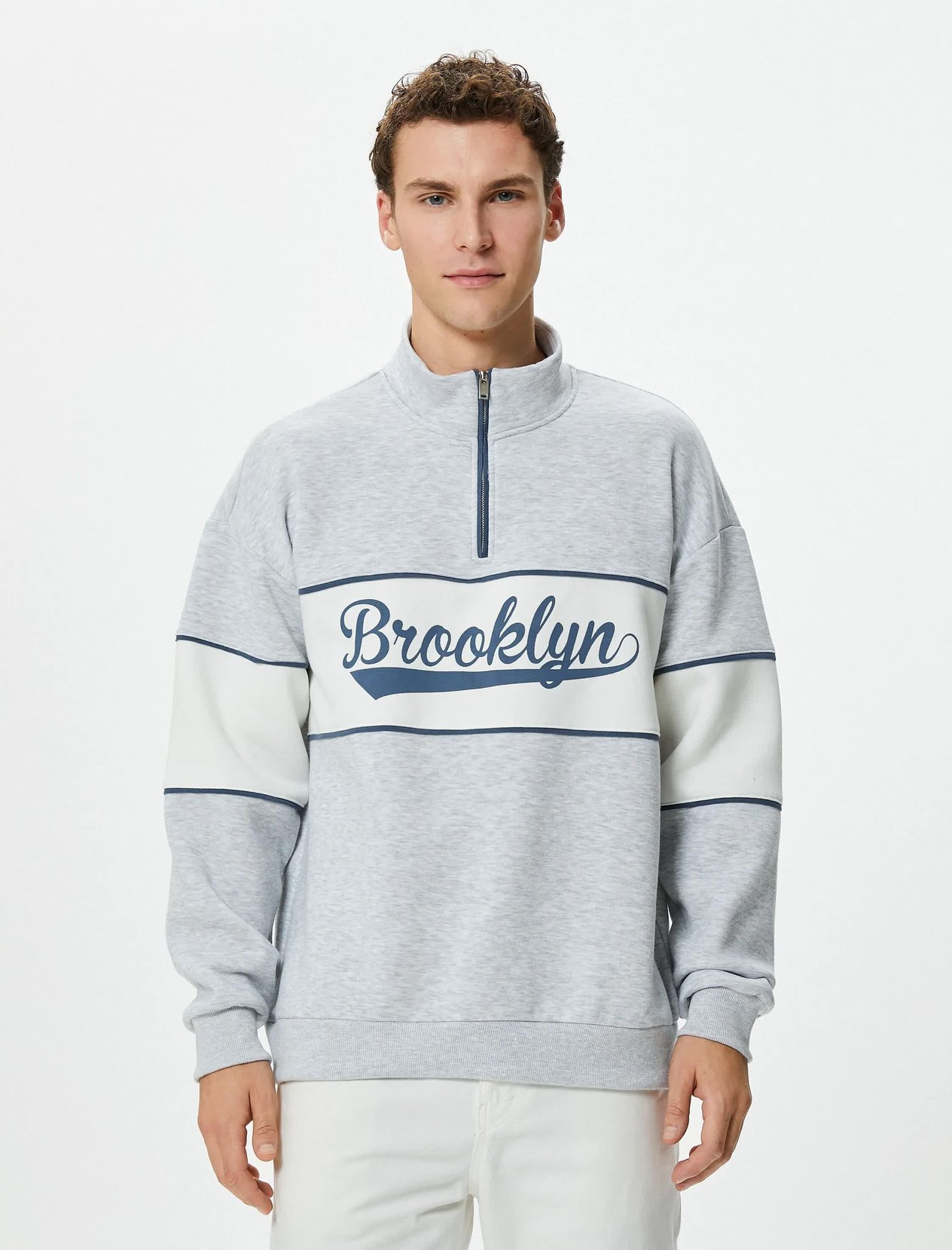 Gri Erkek Kolej Sweatshirt Dik Yaka Baskılı Yarım Fermuarlı Uzun Kollu