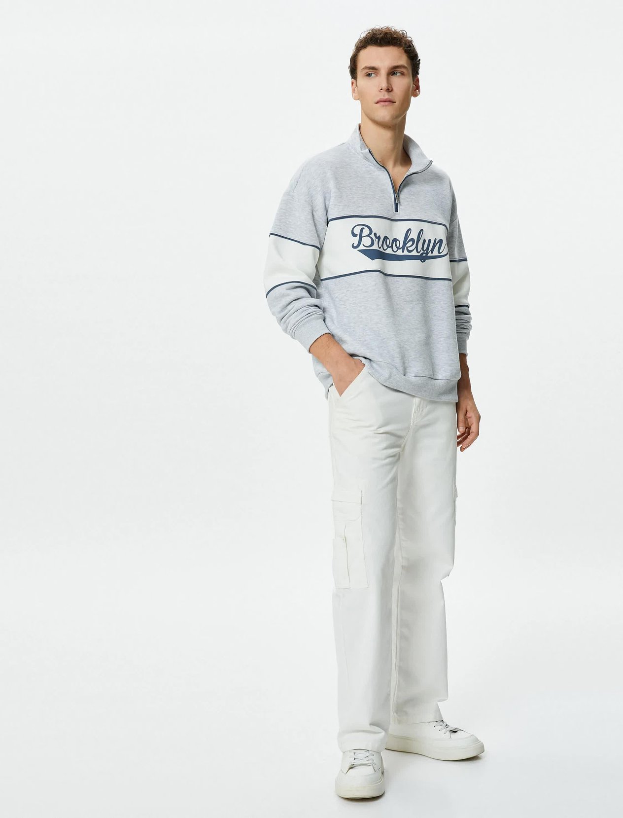 Gri Erkek Kolej Sweatshirt Dik Yaka Baskılı Yarım Fermuarlı Uzun Kollu