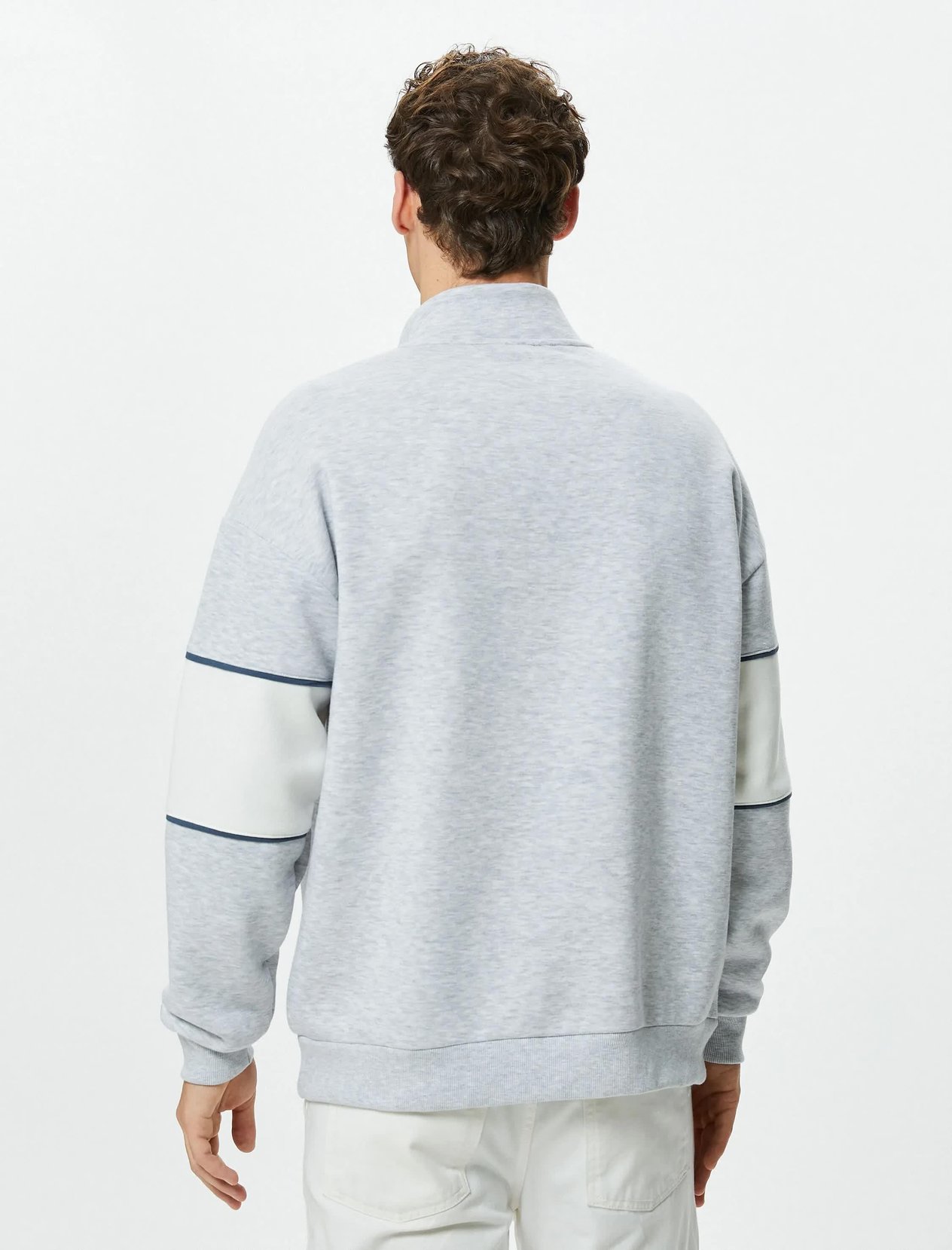 Gri Erkek Kolej Sweatshirt Dik Yaka Baskılı Yarım Fermuarlı Uzun Kollu