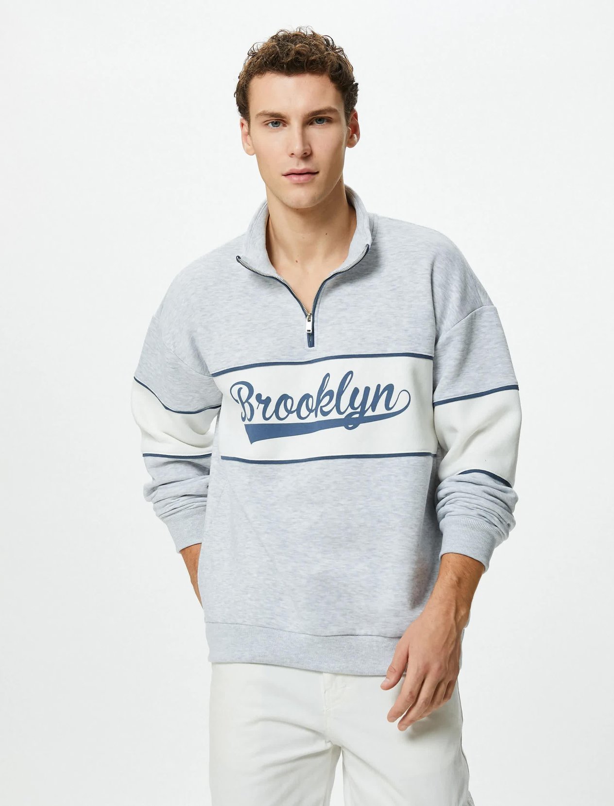 Gri Erkek Kolej Sweatshirt Dik Yaka Baskılı Yarım Fermuarlı Uzun Kollu