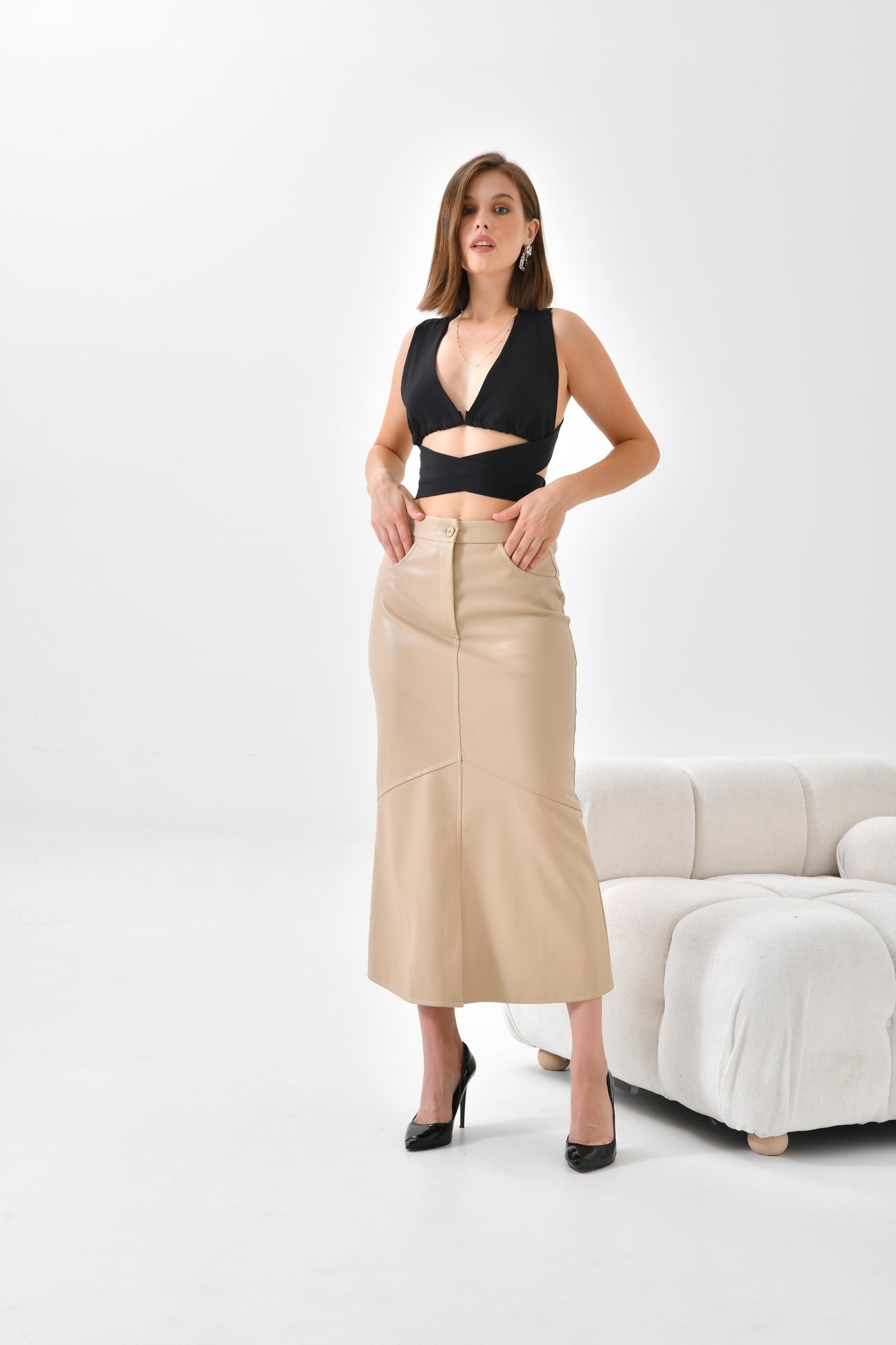 Ftz Women Kadın Deri Etek Beige