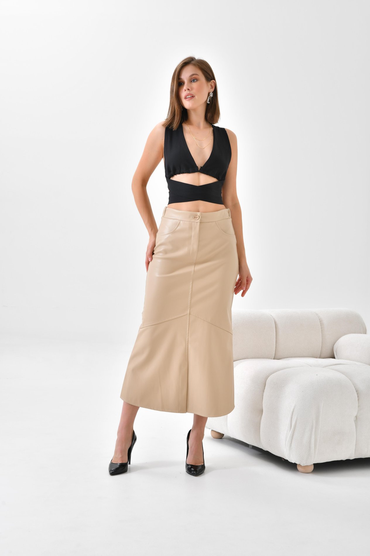 Ftz Women Kadın Deri Etek Beige