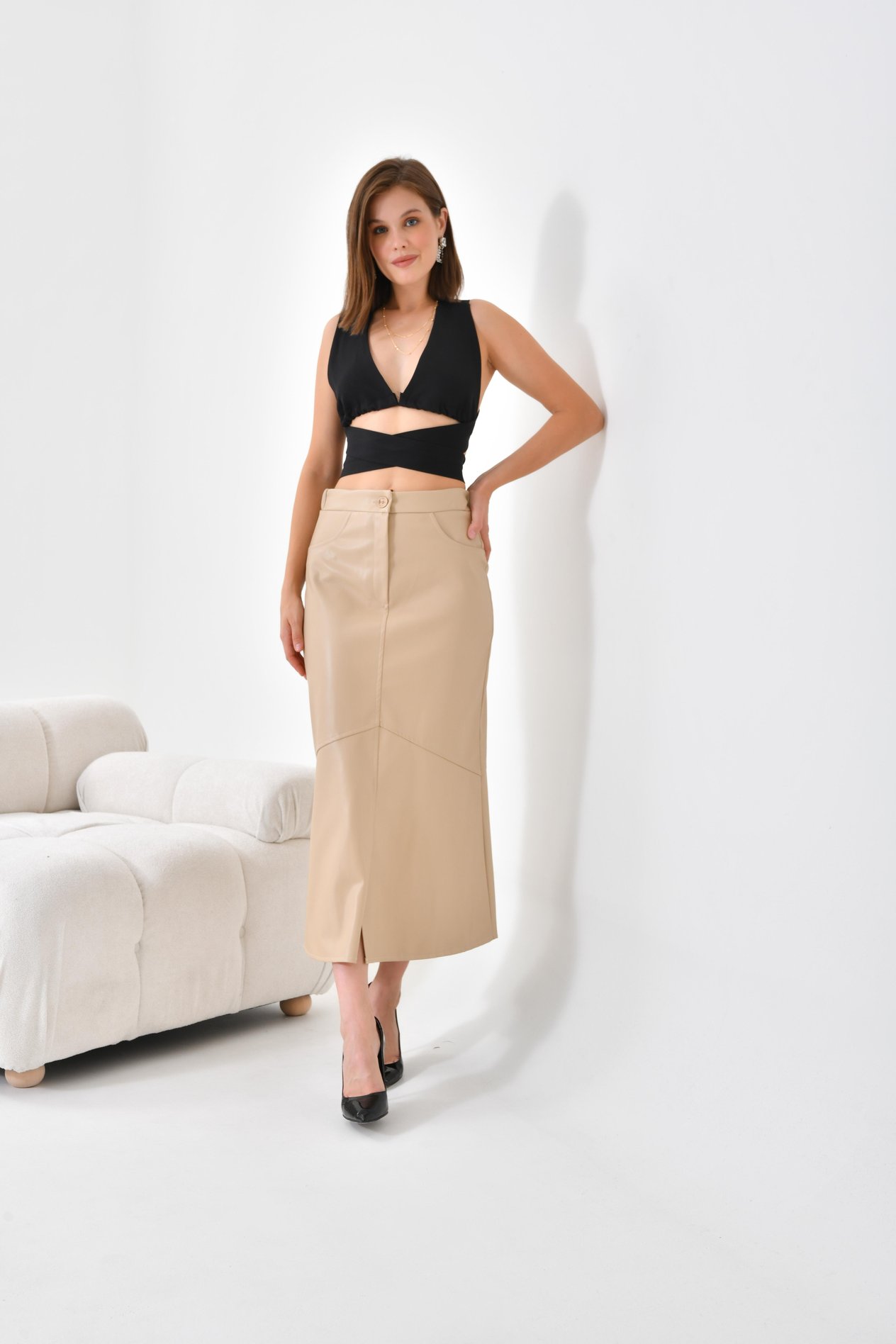 Ftz Women Kadın Deri Etek Beige