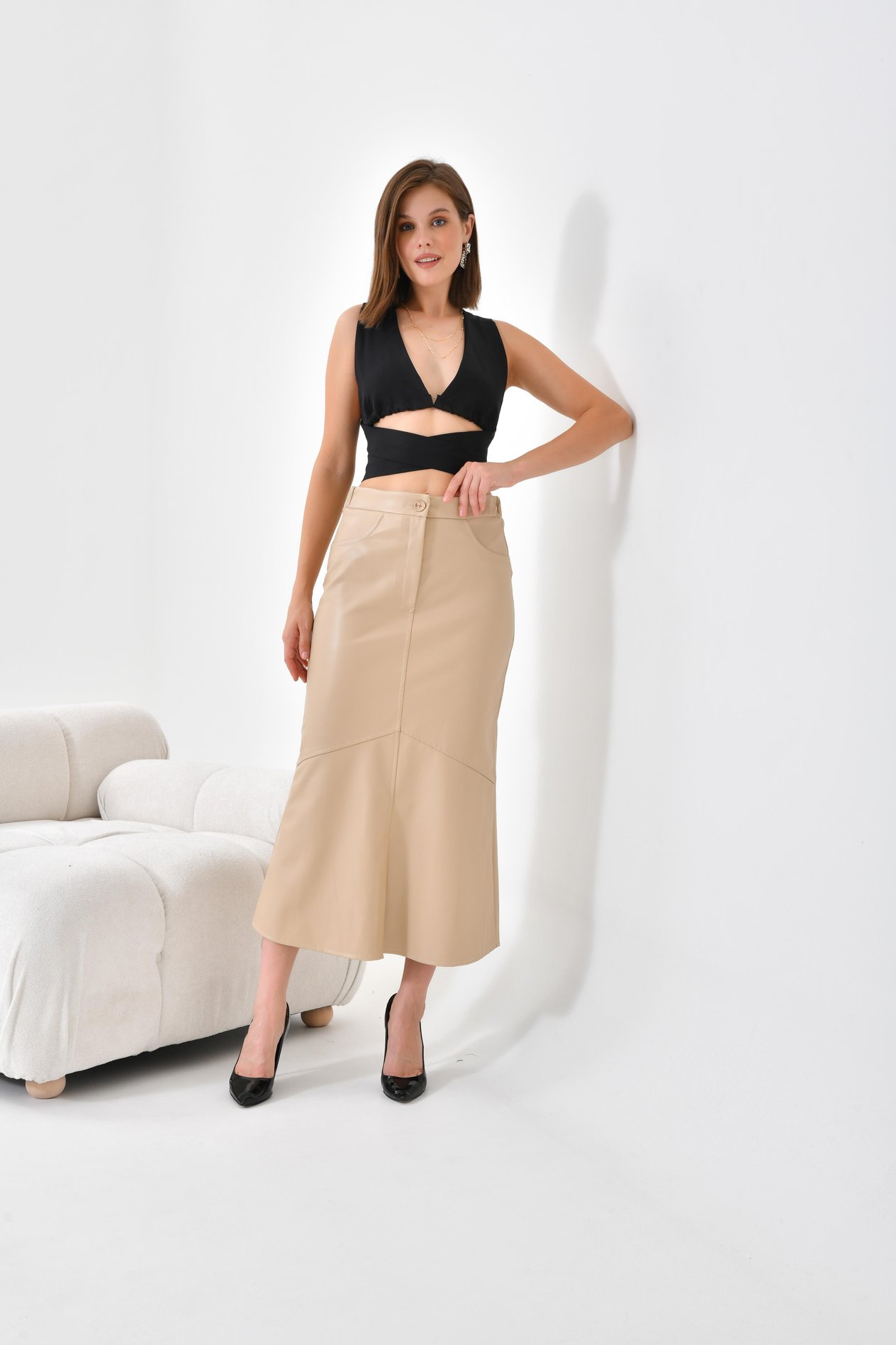 Ftz Women Kadın Deri Etek Beige