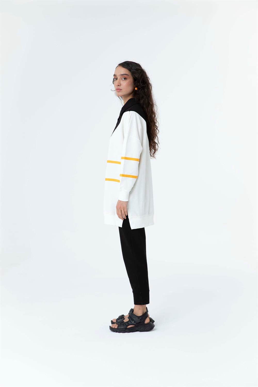 Kadın Çapraz Geçişli Polo Yaka Sweat Tunik Siyah-Oranj