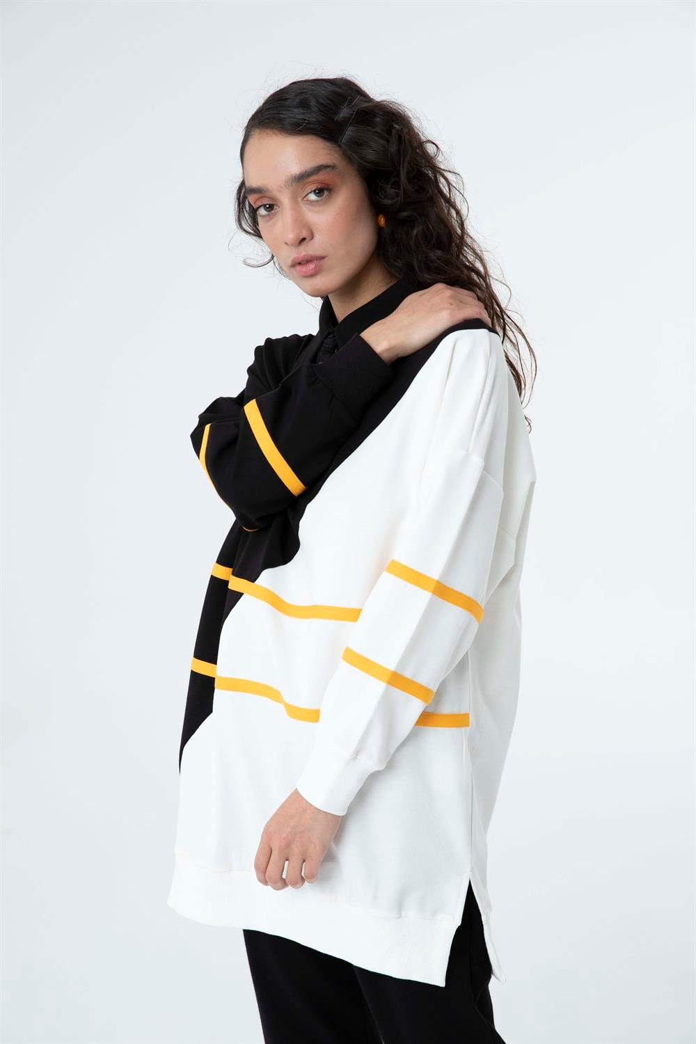Kadın Çapraz Geçişli Polo Yaka Sweat Tunik Siyah-Oranj