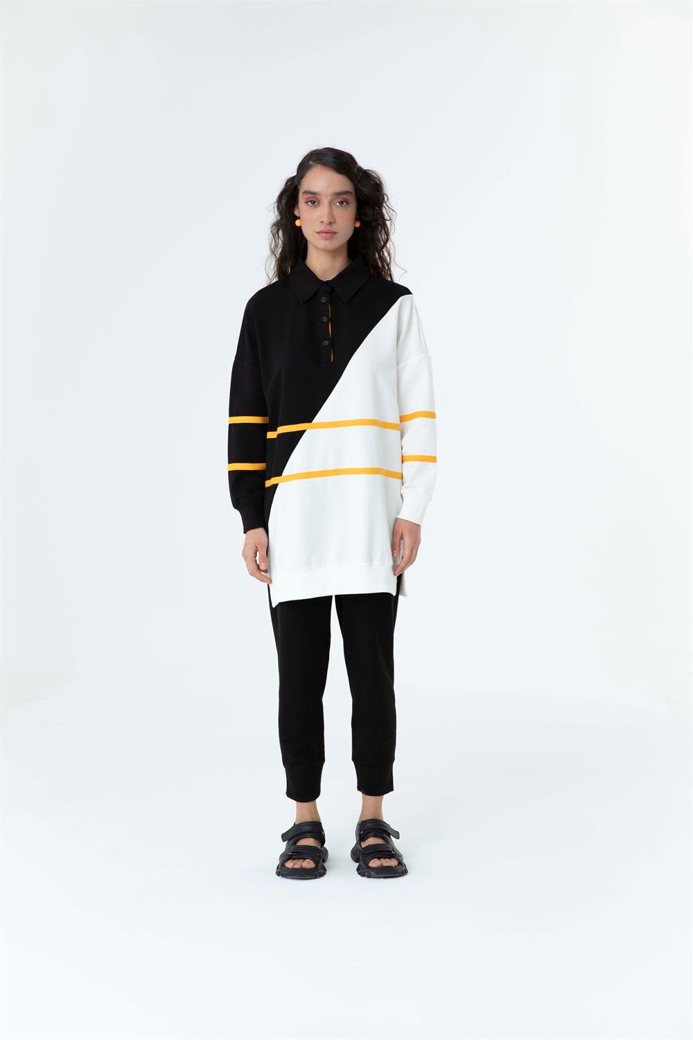 Kadın Çapraz Geçişli Polo Yaka Sweat Tunik Siyah-Oranj