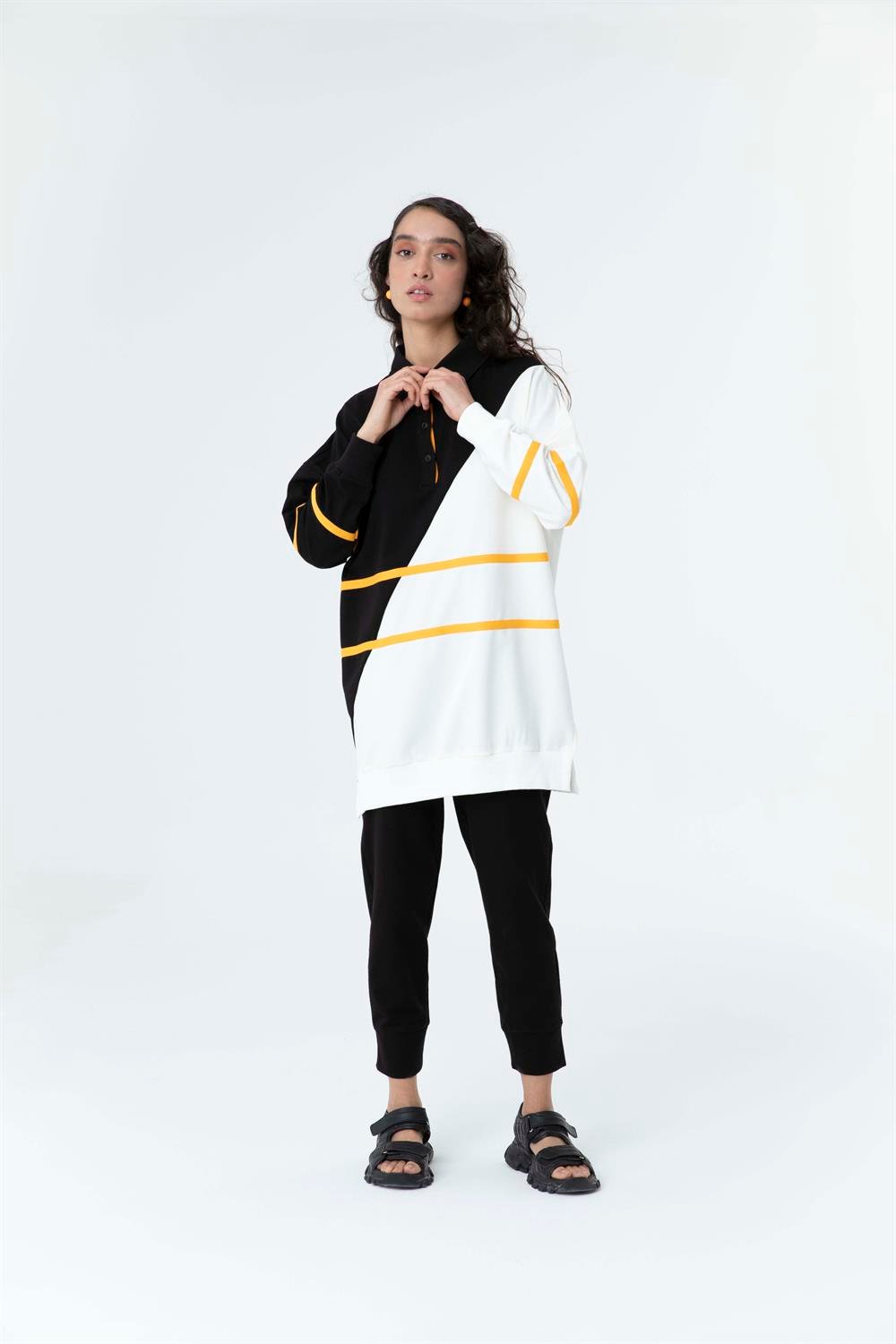 Kadın Çapraz Geçişli Polo Yaka Sweat Tunik Siyah-Oranj