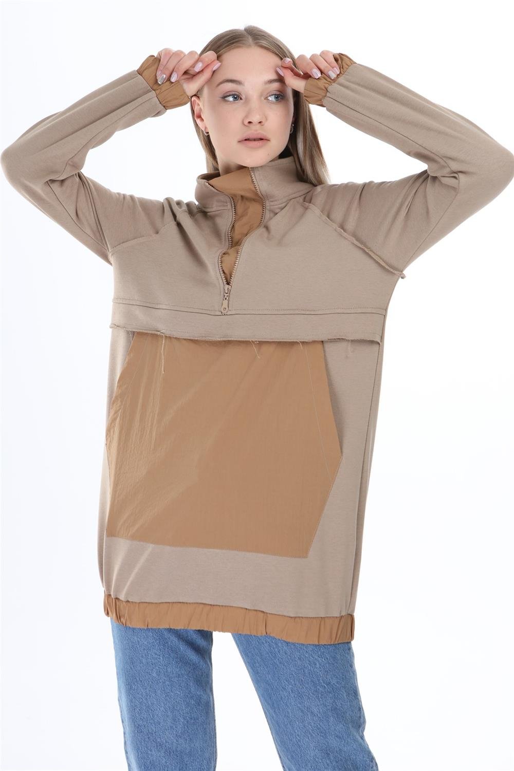 Kadın Cep Detaylı Spor Sweat VİZON