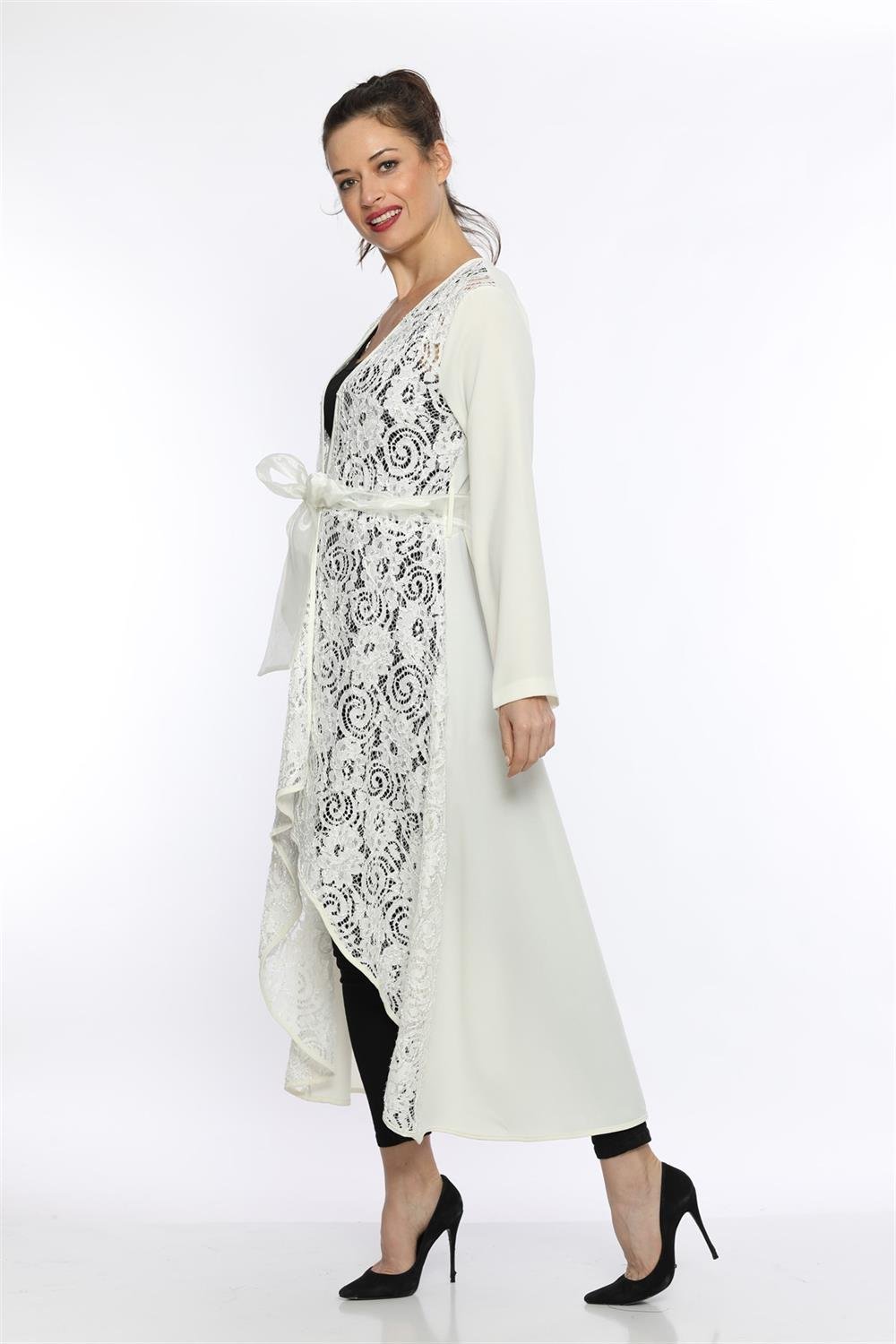 Kadın Dantel Desen Abaya EKRU