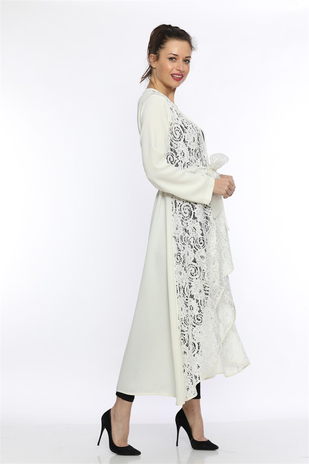 Kadın Dantel Desen Abaya EKRU