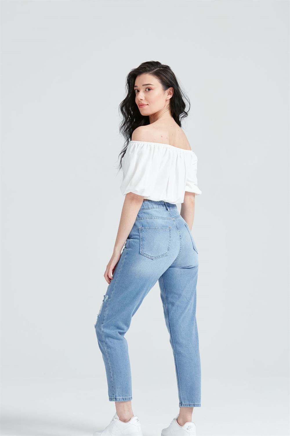Kadın Düğme Detaylı Gömlek Crop Bluz Beyaz