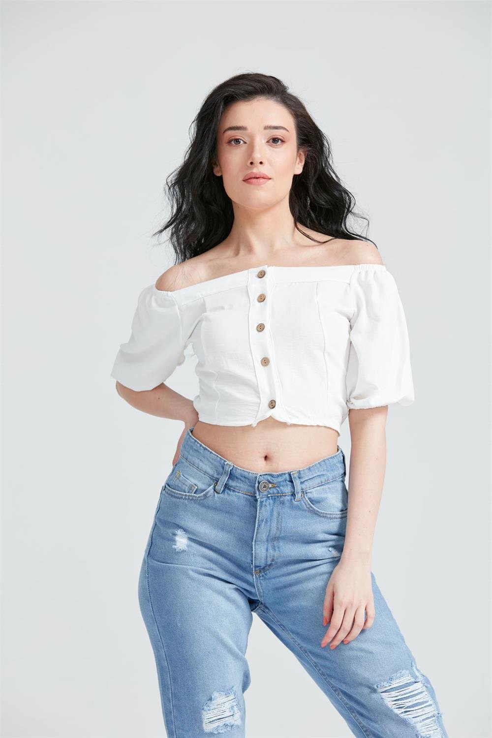 Kadın Düğme Detaylı Gömlek Crop Bluz Beyaz