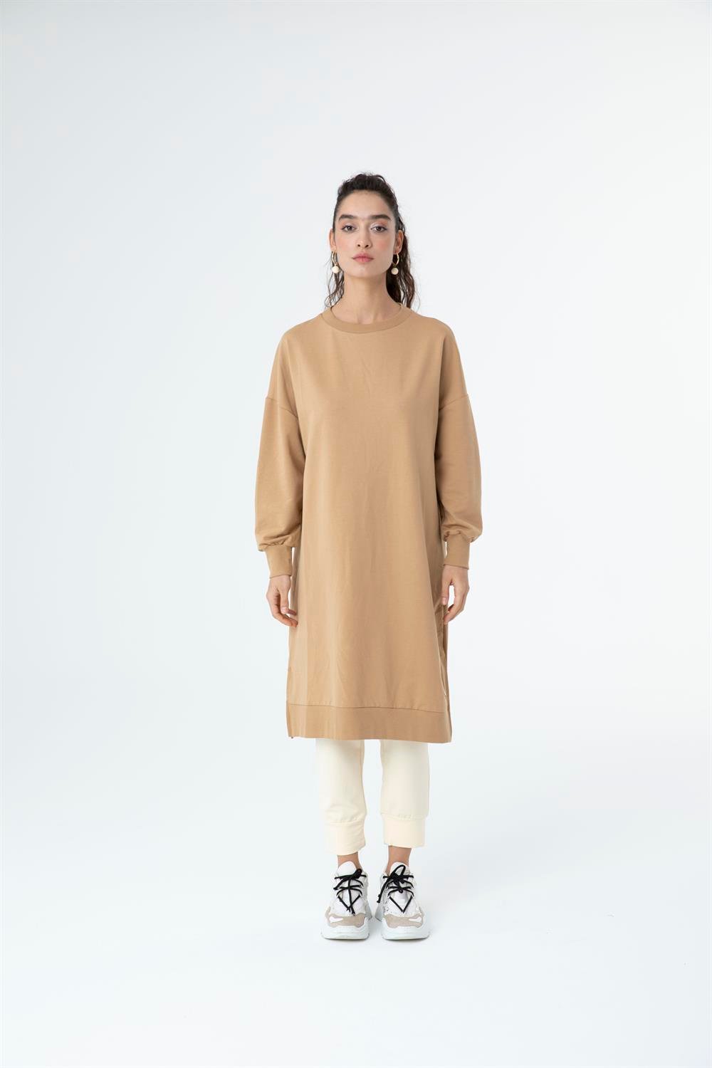 Kadın Düz Renk Uzun Boy Sweat Tunik BEIGE