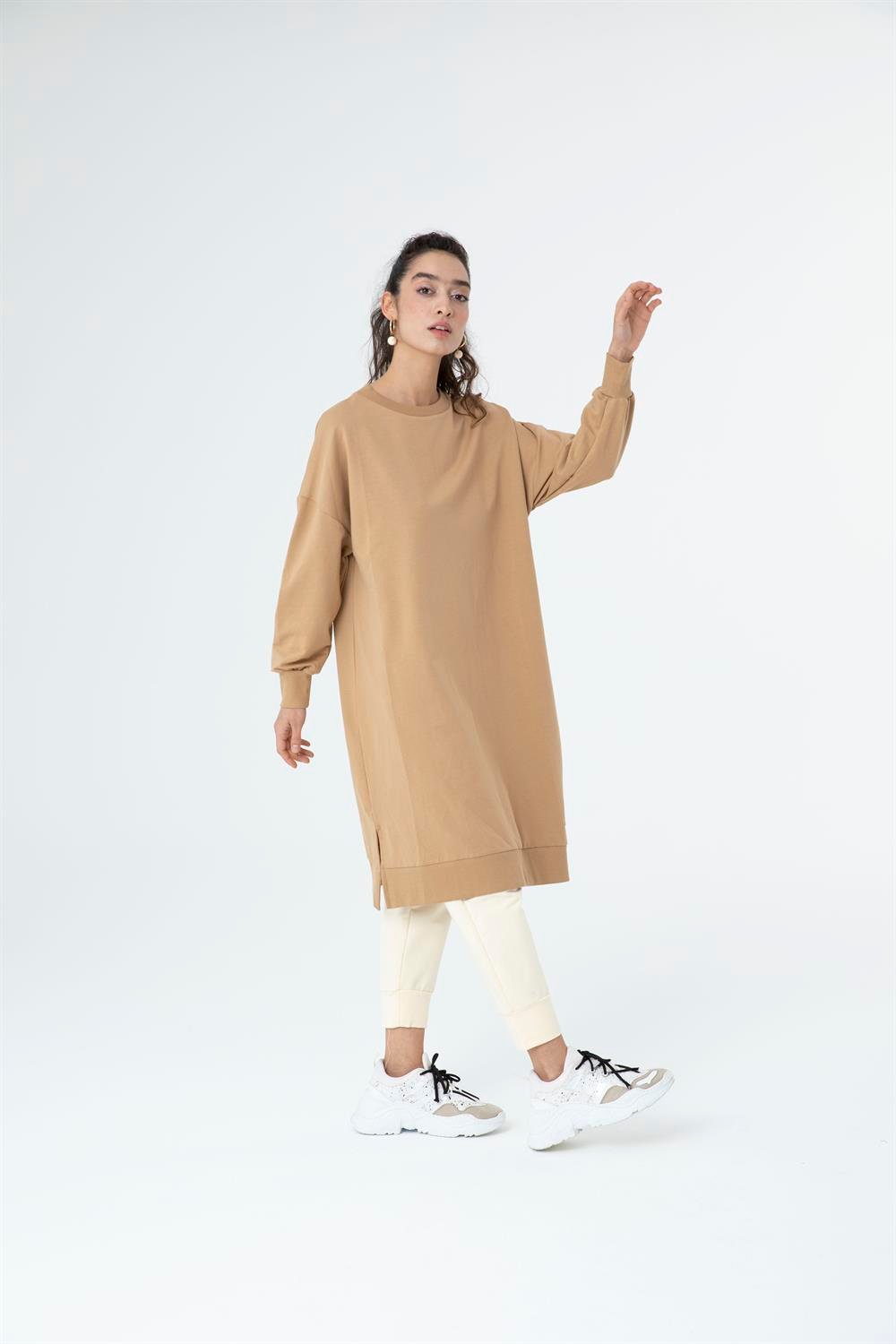 Kadın Düz Renk Uzun Boy Sweat Tunik BEIGE