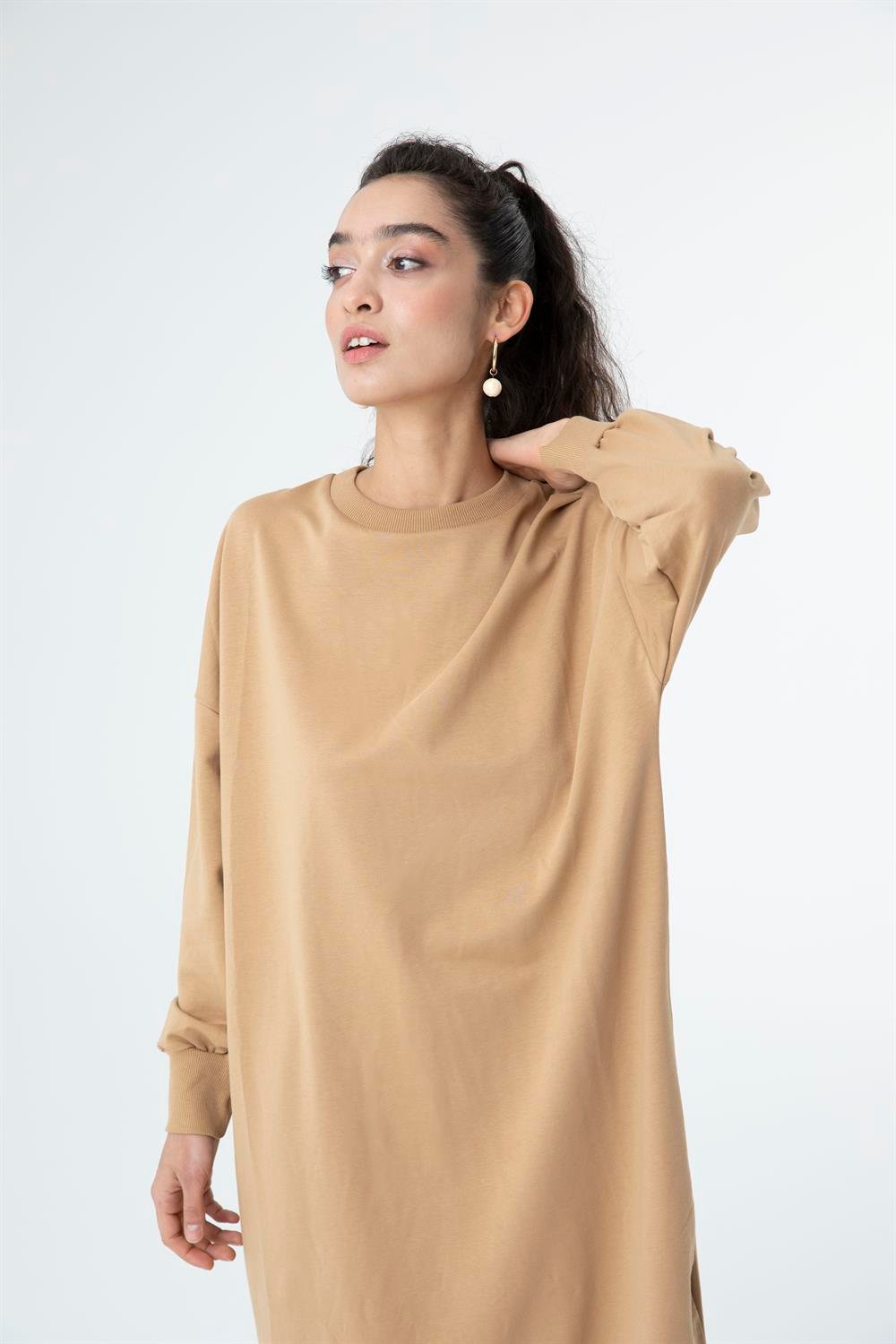 Kadın Düz Renk Uzun Boy Sweat Tunik BEIGE