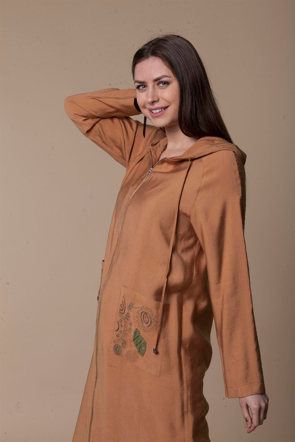 Kadın Fermuarlı Uzun Kap CAMEL