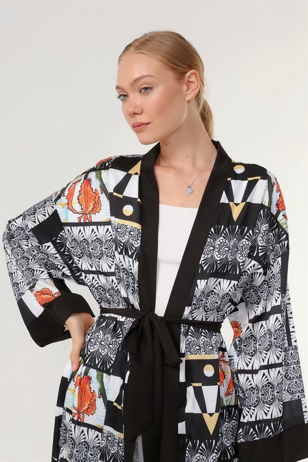 Kadın İpek Saten Kimono Kap SİYAH
