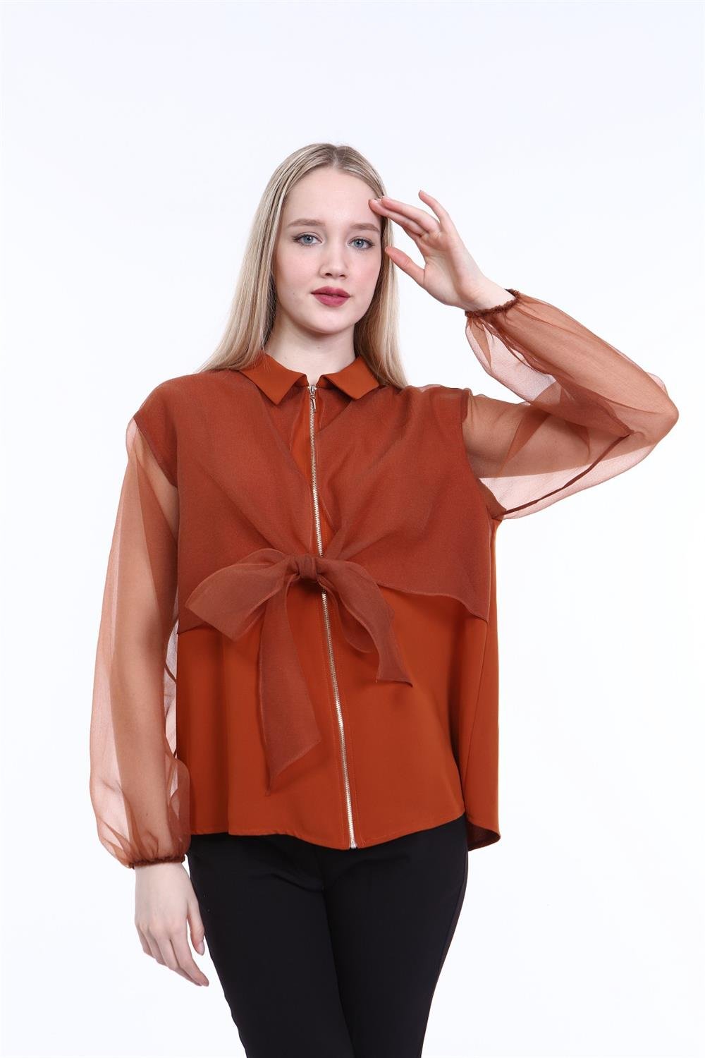 Kadın Krep Kumaş İkili Gömlek ORANGE