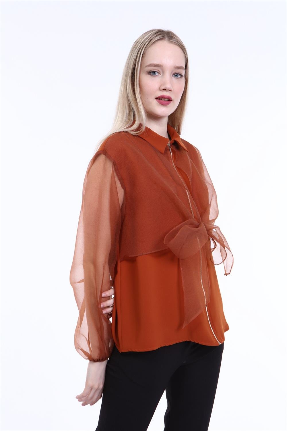 Kadın Krep Kumaş İkili Gömlek ORANGE