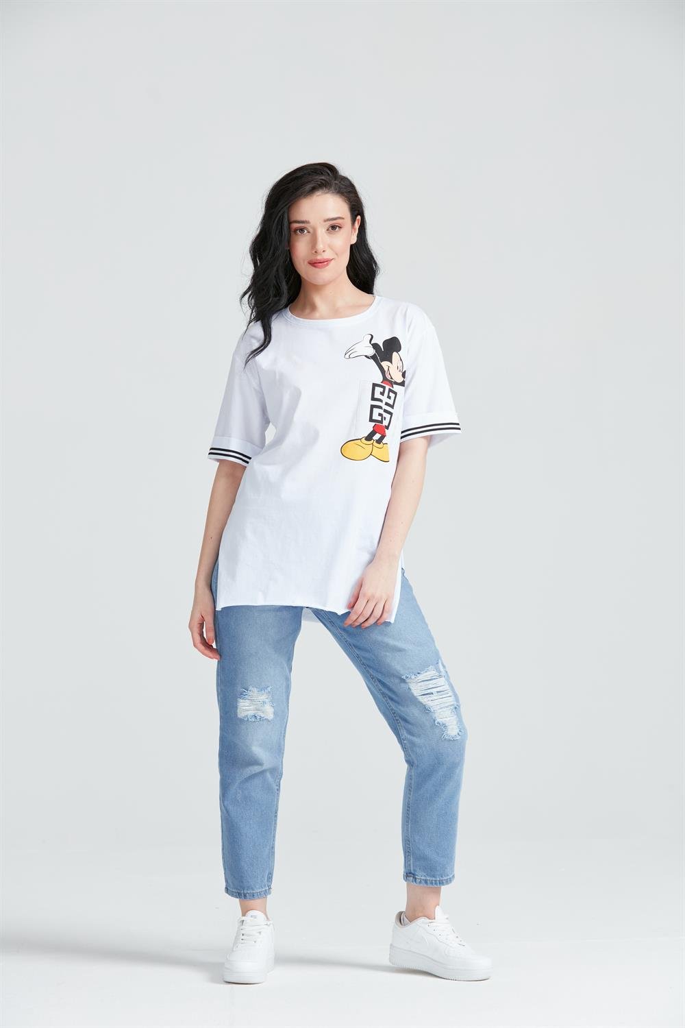 Kadın Miki Mous Baskılı Cepli T-Shirt Beyaz