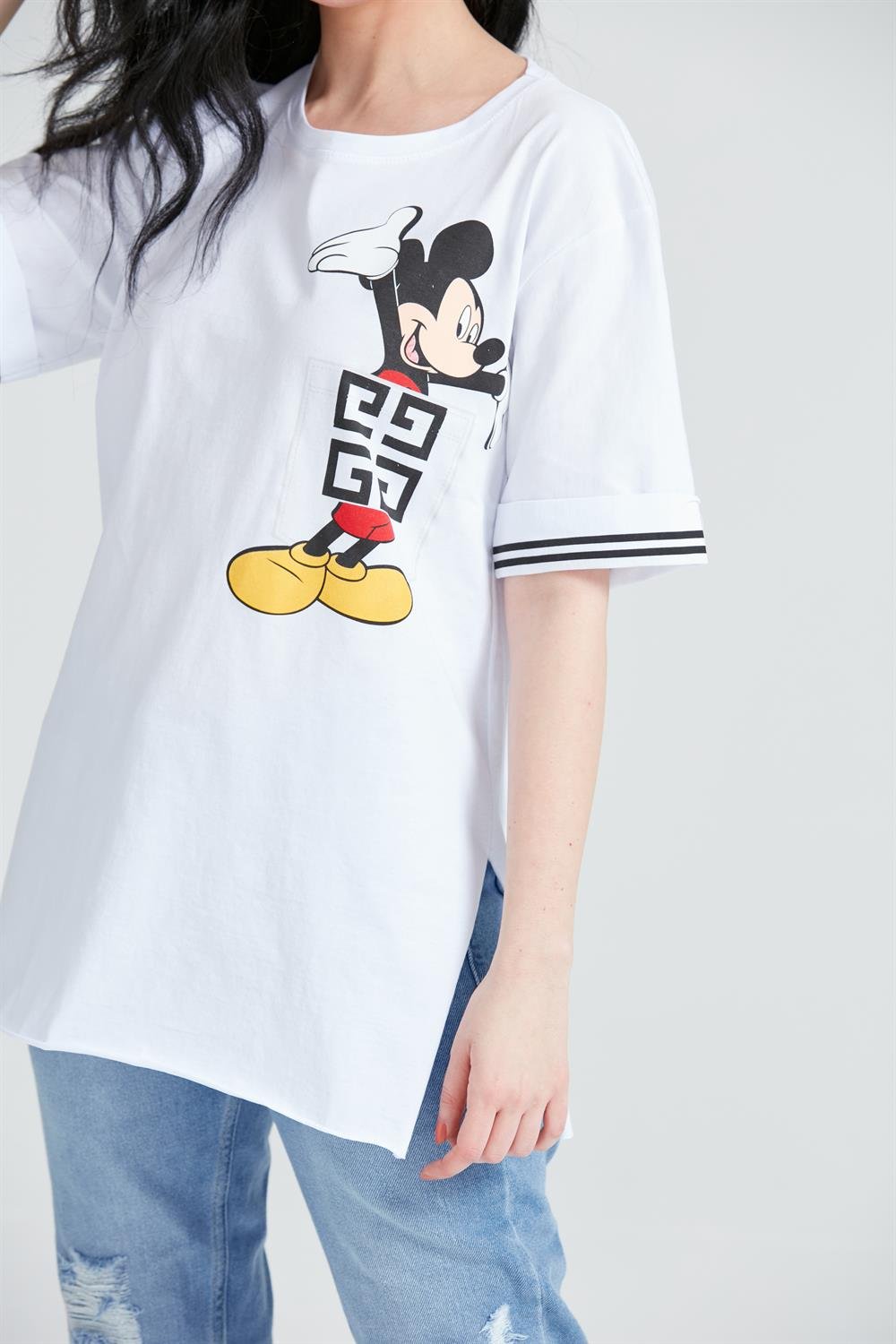 Kadın Miki Mous Baskılı Cepli T-Shirt Beyaz