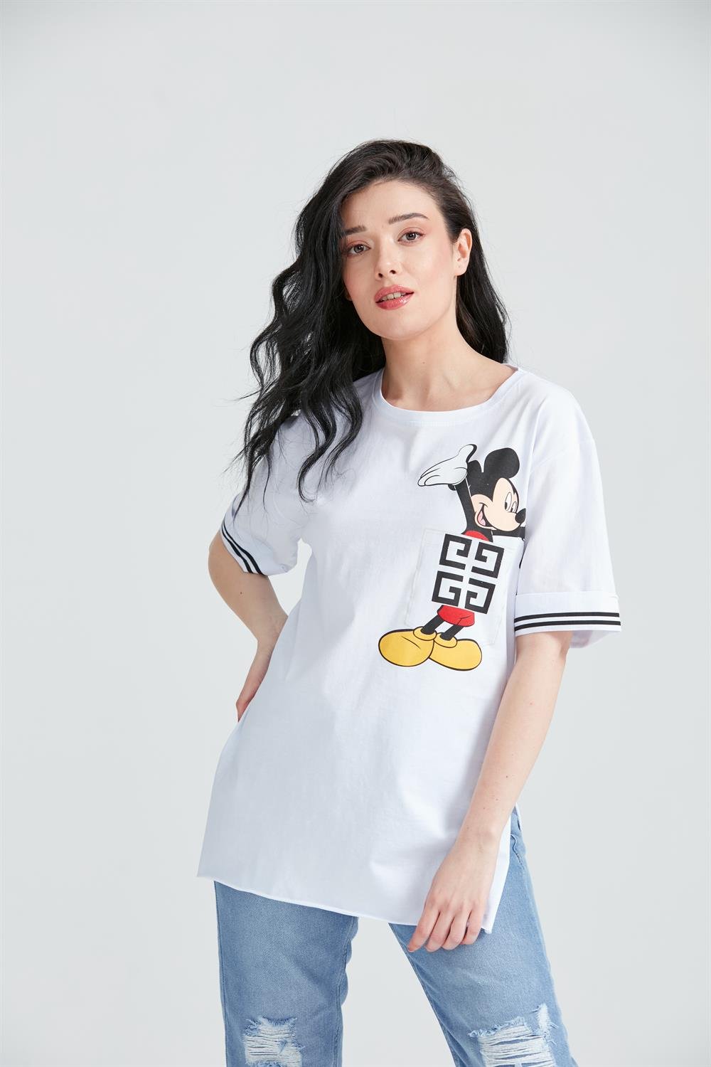 Kadın Miki Mous Baskılı Cepli T-Shirt Beyaz
