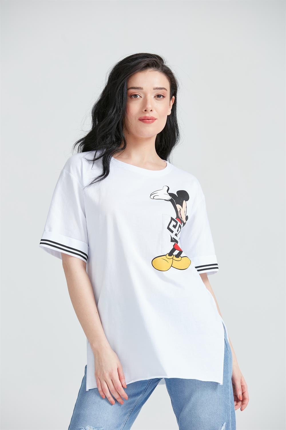 Kadın Miki Mous Baskılı Cepli T-Shirt Beyaz
