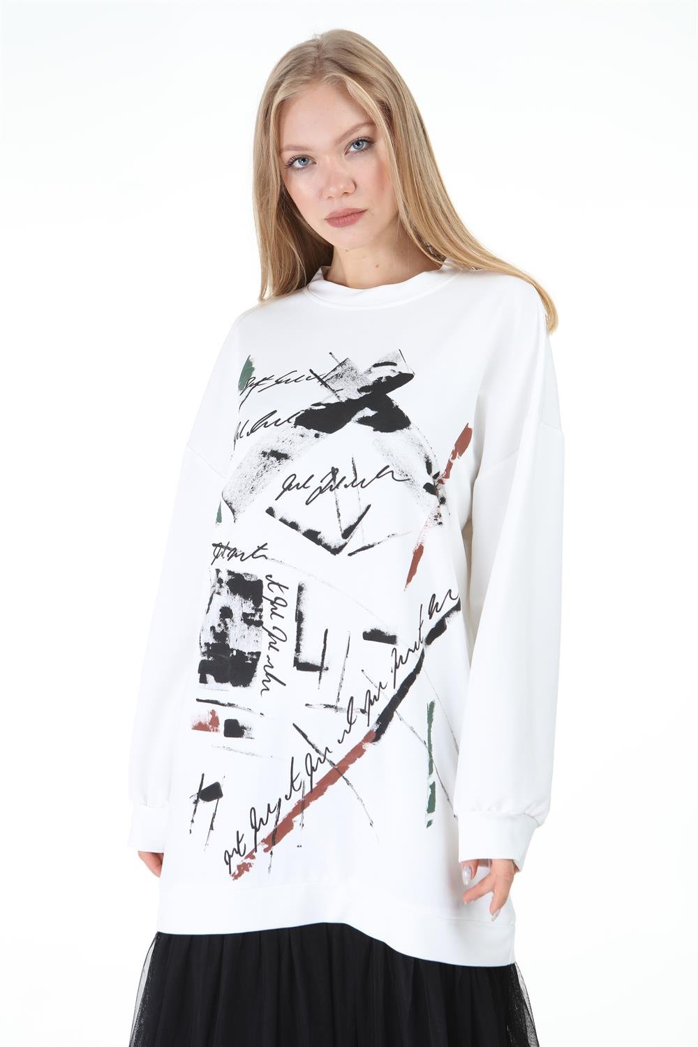 Kadın Önü Desenli Sweat Elbise EKRU
