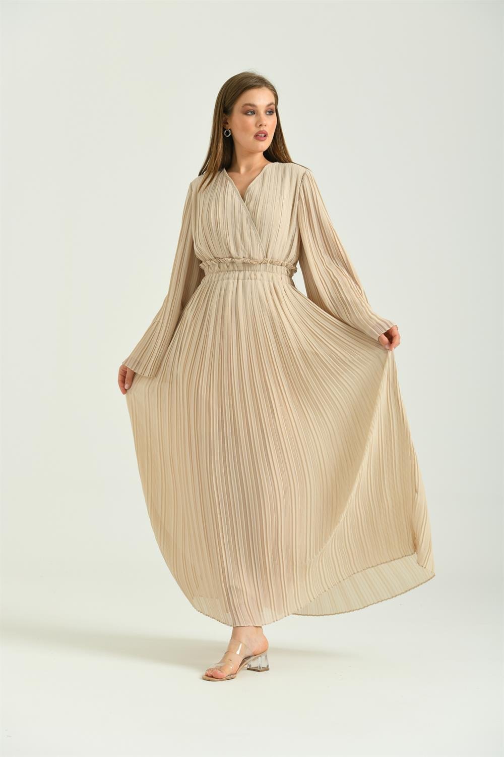 Kadın Piliseli Elbise BEIGE