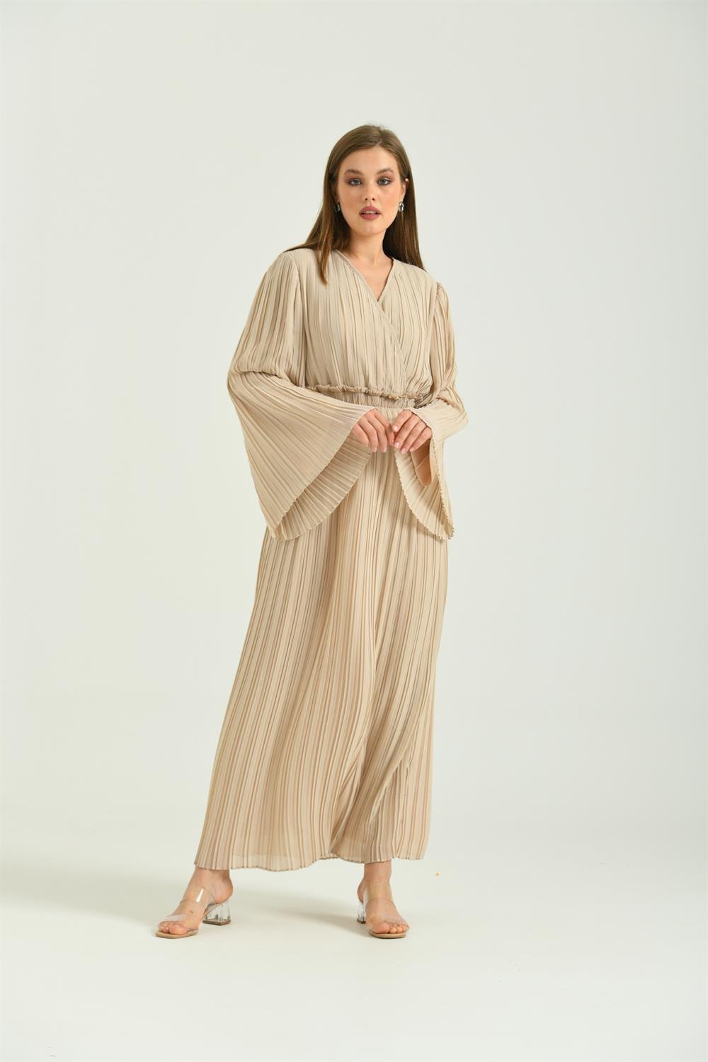 Kadın Piliseli Elbise BEIGE