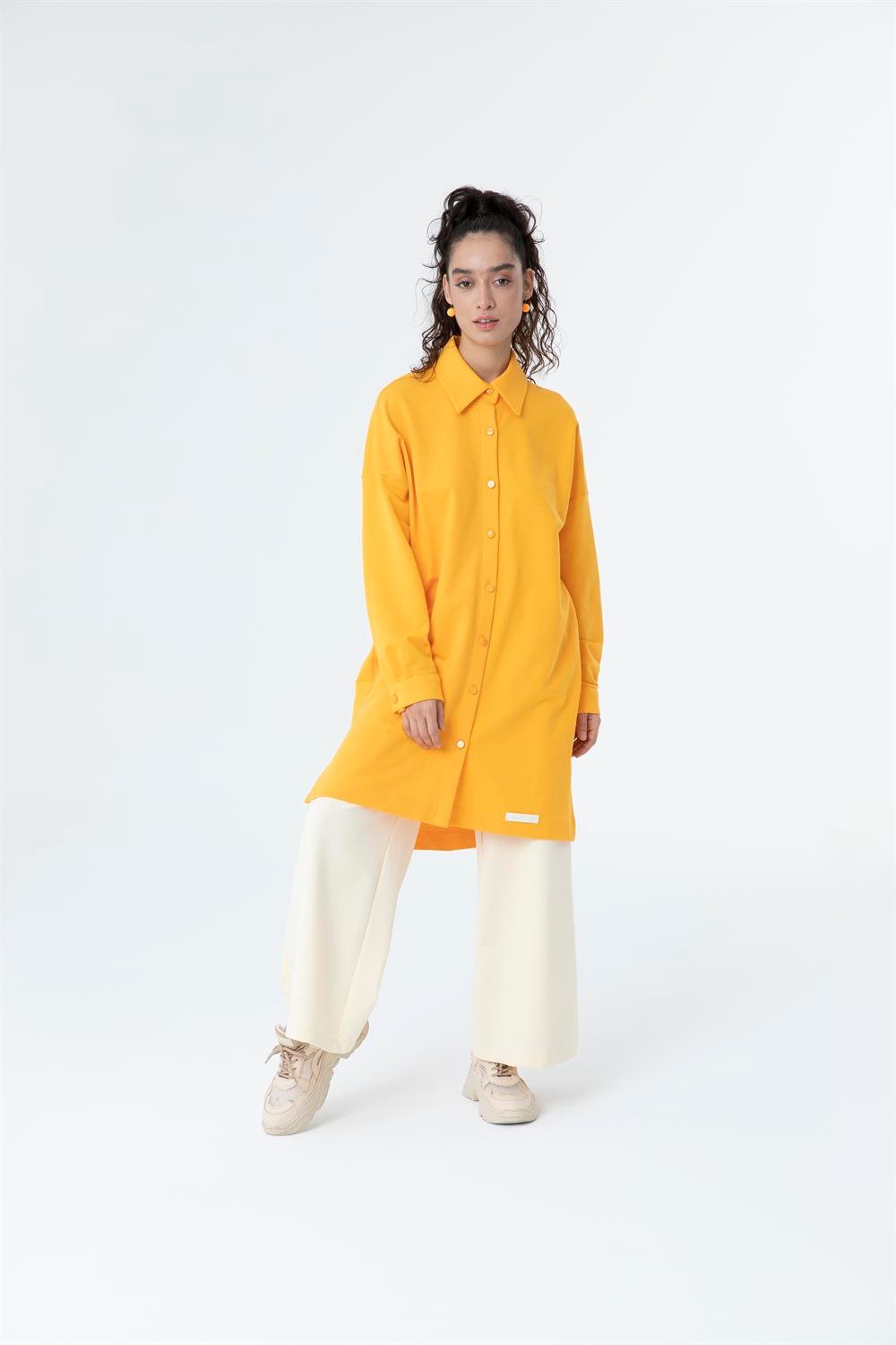 Kadın Polo Yaka Full Düğmeli Sweat Tunik Turuncu