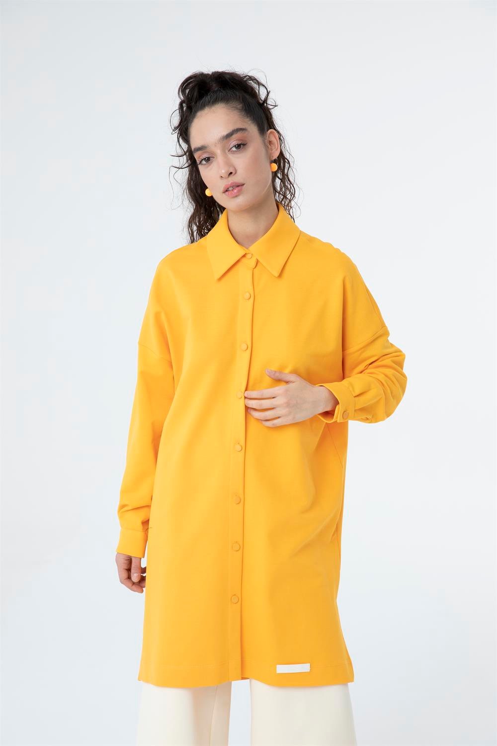 Kadın Polo Yaka Full Düğmeli Sweat Tunik Turuncu