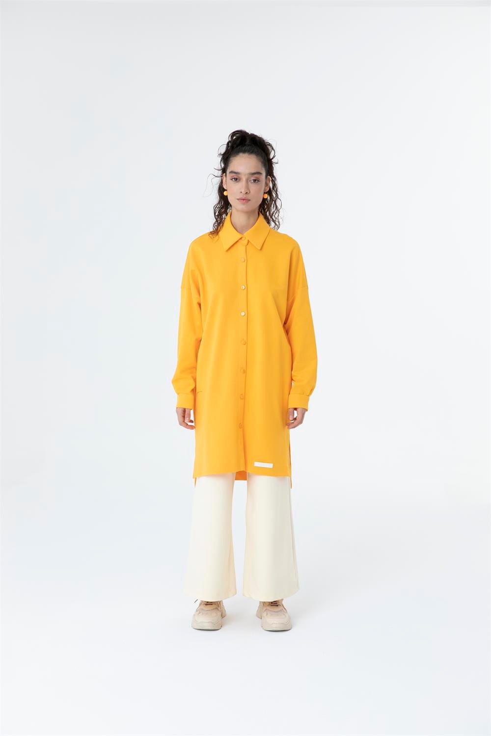 Kadın Polo Yaka Full Düğmeli Sweat Tunik Turuncu