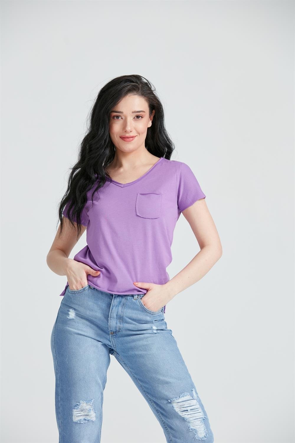 Kadın V Yaka Cepli Basic T-Shirt Mor
